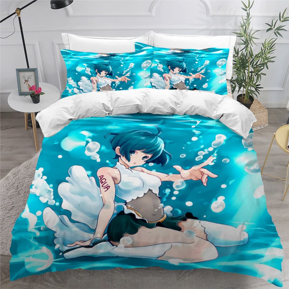 Housse de couette 140x200 dessin animé pour lit enfant 1 personne avec fille sous-marine