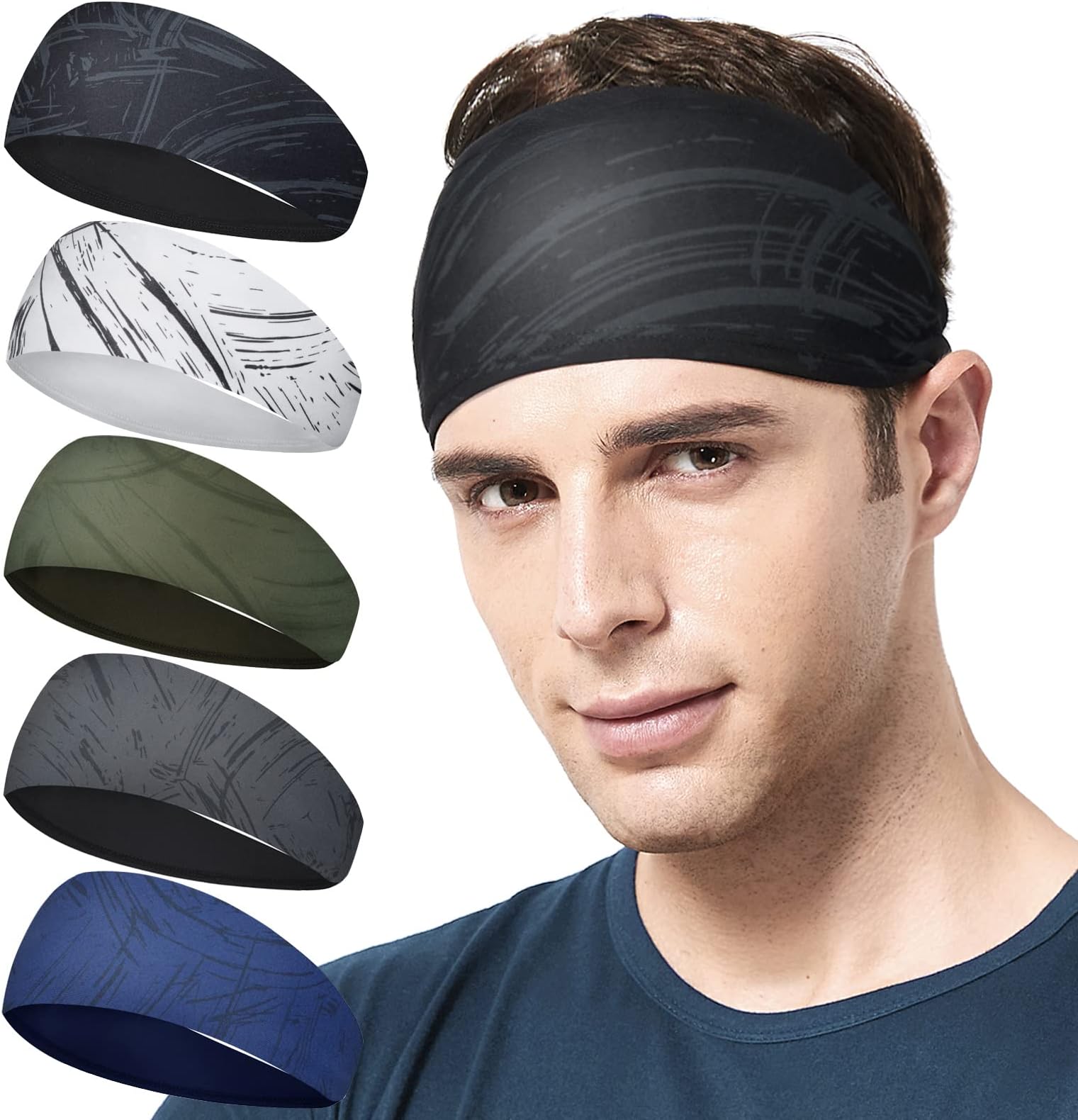 Mens Running Headband,5Pack,Mens Sweatband Sports Headband for Running, Cycling, Basketball,Yoga,Fitness Workout Stretchy Unisex Hairband
