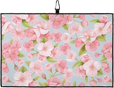 OComster Pink Cherry Blossom Flower Golf Towel with Carabiner Clip, Spring Floral Microfiber Waffle Pattern Golf Towel, Golf Accessories for Cleaning Clubs and Balls, 24x16 in