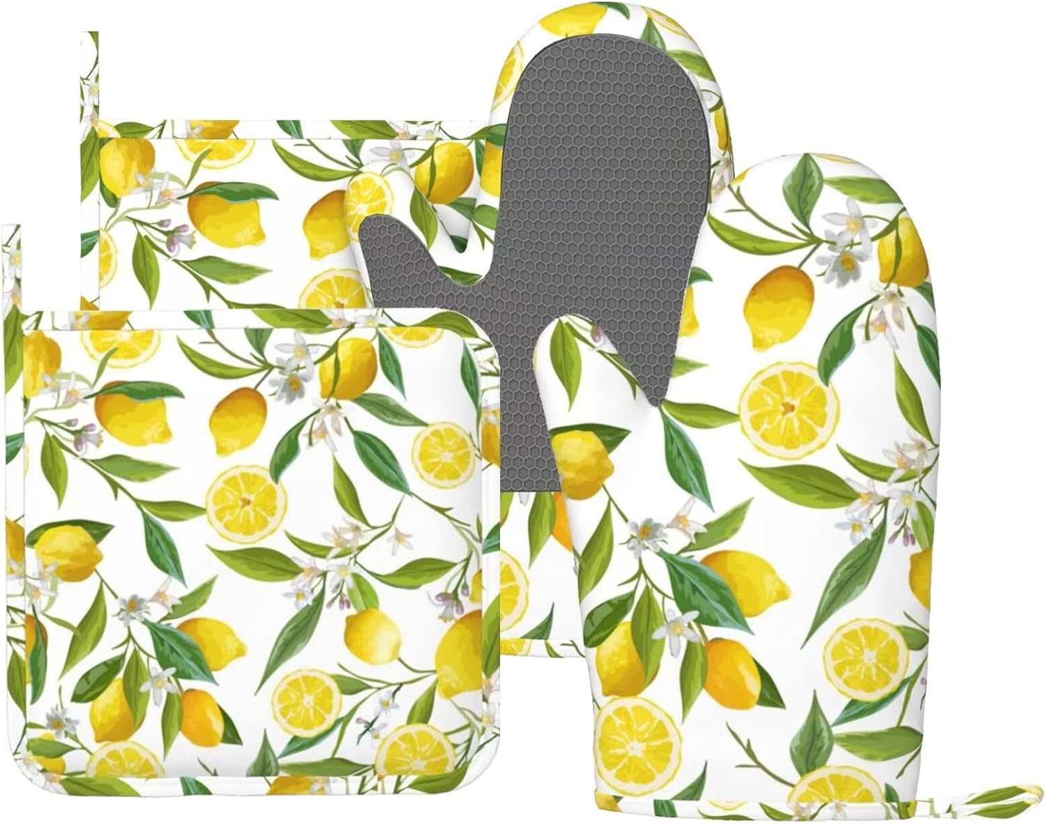 Lemons Oven Mitts and Pot Holders 4 pcs Set Silicone Lemon Fruits White Flower Kitchen Oven Mitt Gloves Lemons Pot Holders Non-Slip Heat Resistant Cooking Mitts Set for Kitchen Baking Grilling