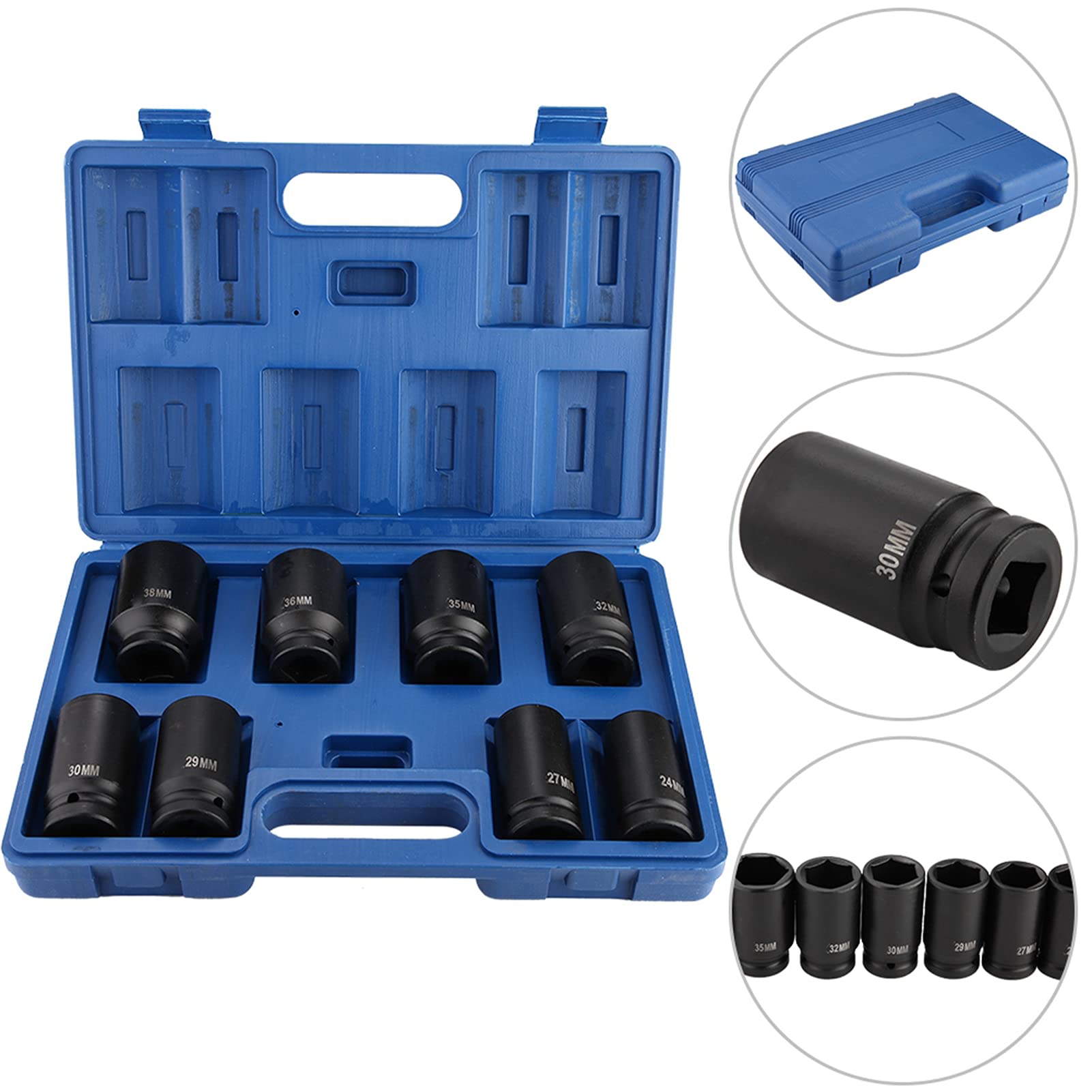 Generic Set di Bussole a Impatto Profondo Durevoli da 8 Pezzi, Acciaio Al Cromo Vanadio Ad Alta Resistenza, 24-38 Mm per Uso Meccanico