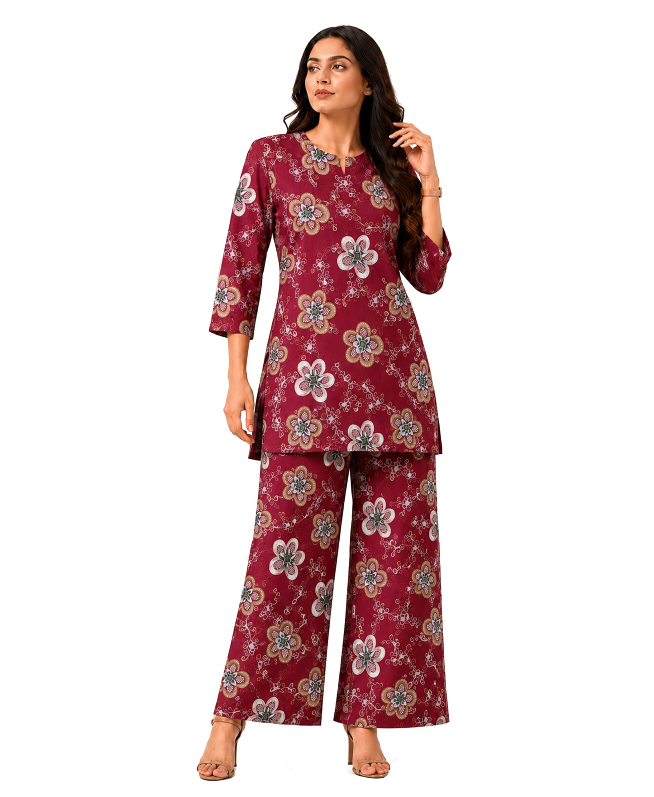 SERENAIRE Women's Floral Printed Co-Ord Set | Viscose Rayon Kurti & Palazzo Pant Set | 3/4 Sleeve Casual Lounge Wear-image-40