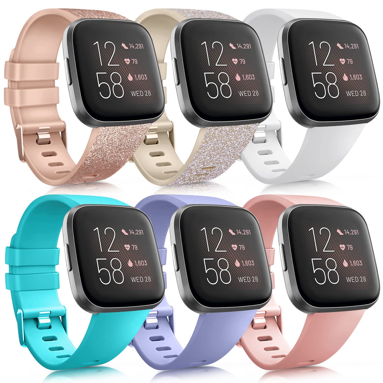 AMCC [6 Pack] Straps Compatible With Fitbit Versa 2, Lite, SE - Soft Sport Watch Replacement Wristbands for Women Men, Small Large