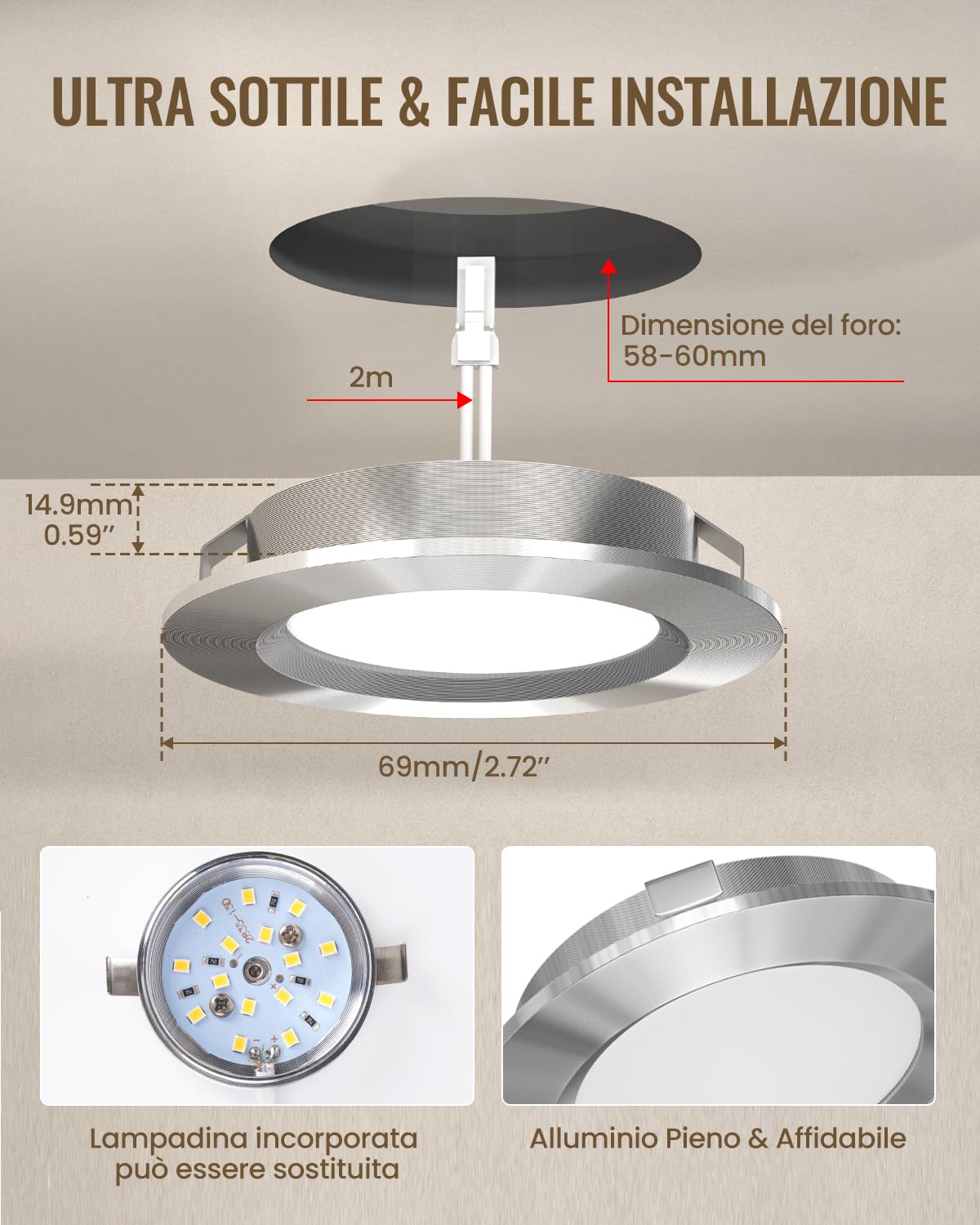 Luxvista Faretto LED 12V, 3.5W Dimmerabile Faretti LED da Incasso per Camper Bianco Caldo 3000K Faretti da Incasso Luci Ultrasottili Foro 58-60MM con Cavo 2M per Camper Caravan Armadi Cucina (3 pezzi