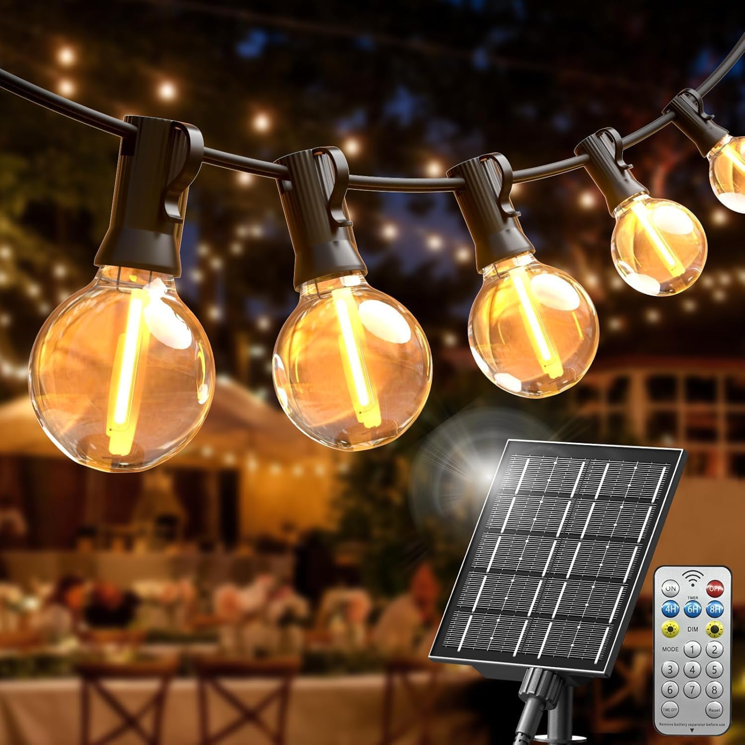 Cadena de luces solares para exteriores, 20 m, cadena de luces LED para exteriores, con 30 + 3 bombillas G40, resistente al agua, IP44, para jardín, terraza, bodas, fiestas de bistró, blanco