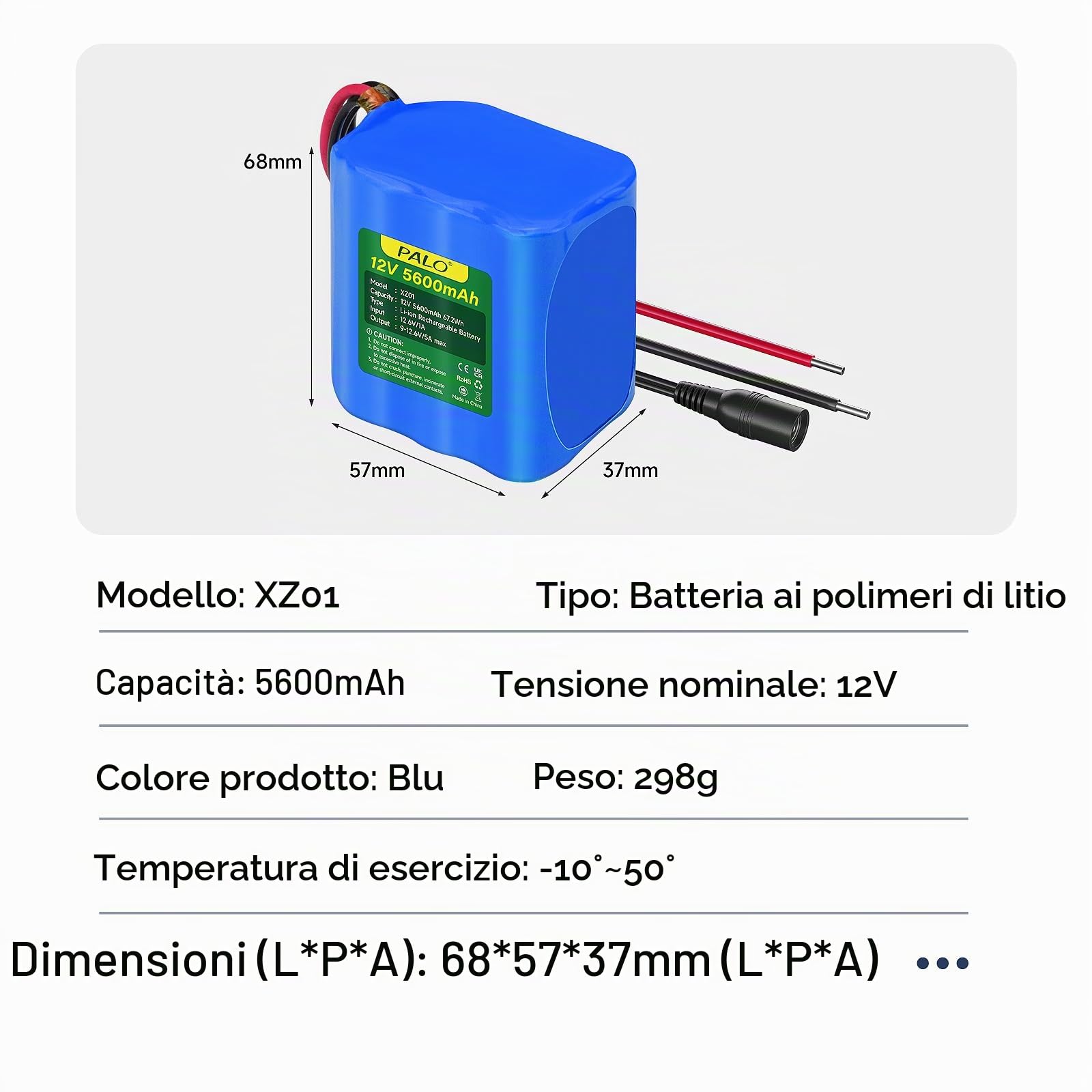 12V 5600mAh Batteria agli ioni di litio con caricabatterie e cavo di collegamento per radio, macchine fotografiche, videocamere, organo elettronico, lampada, telescopi, sonar