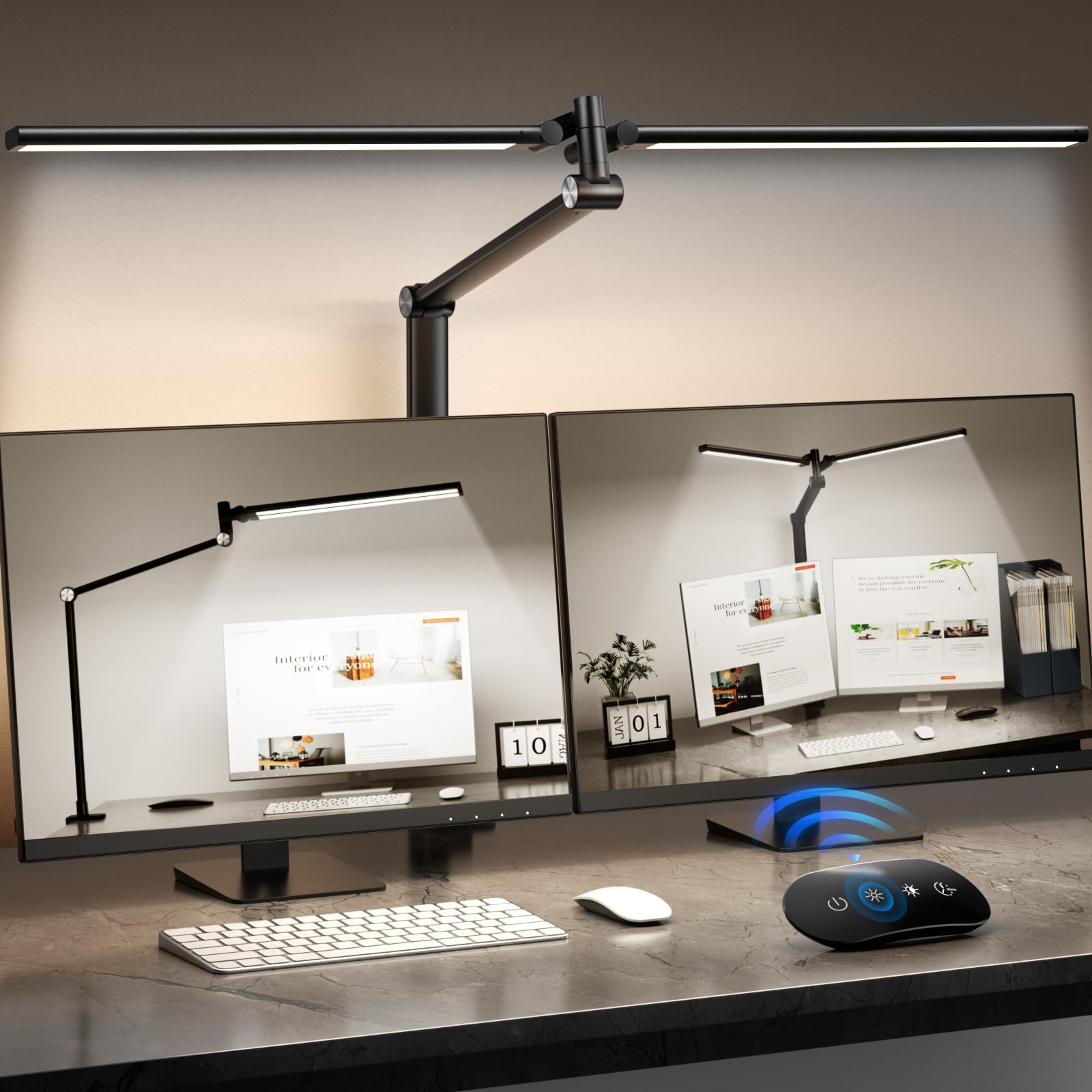 LED Desk Lamp for Home Office, Eye Caring Architect Desk Light with Remote, Dual Screen Computer Monitor Light with Stepless Dimming, Stepless Color Temp, Memory Function for Study, Dark Black