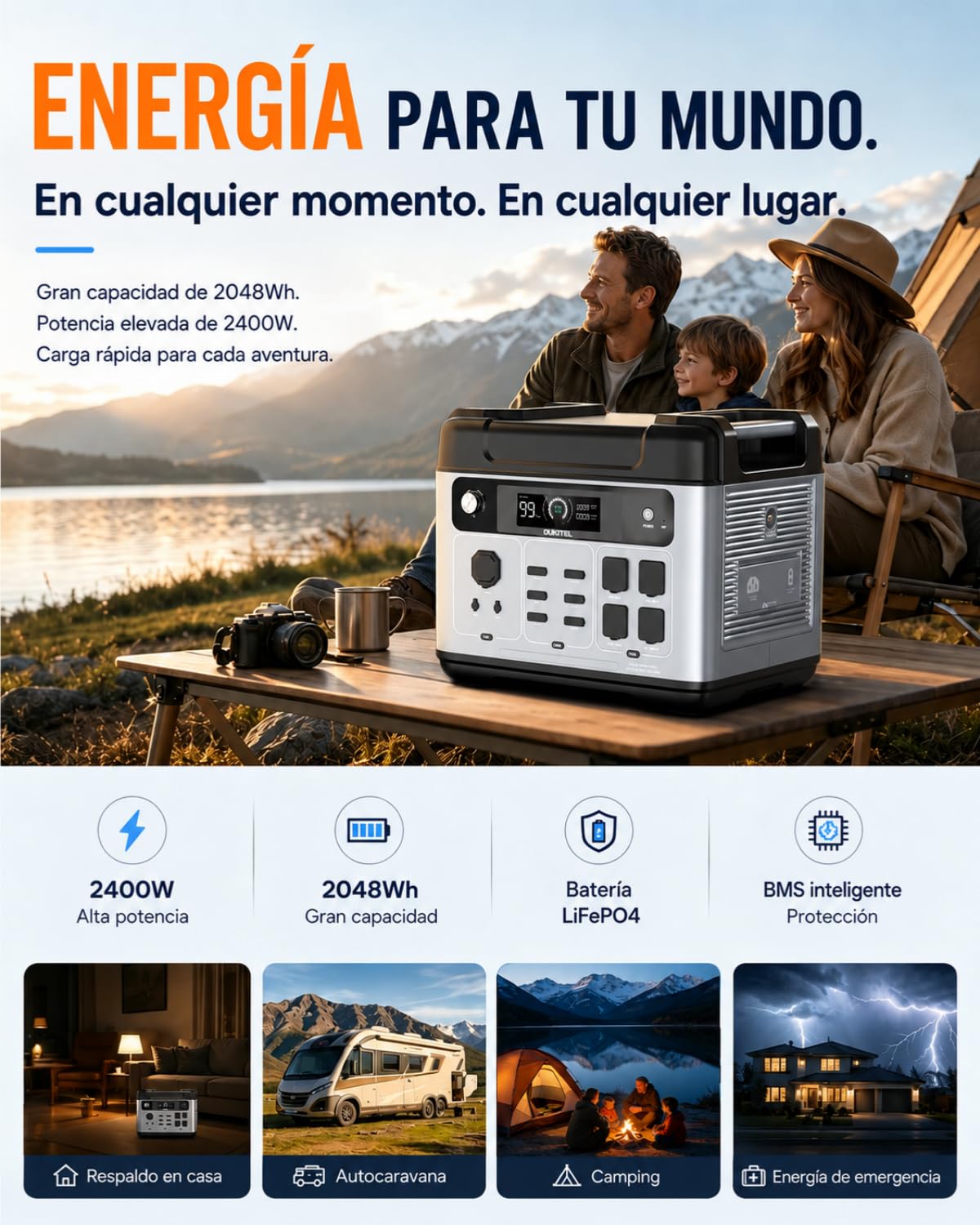 OUKITEL P2001 Plus Estación de Energía Portátil 2048Wh LiFePO4 2400W | Onda Sinusoidal Pura, Carga Rápida 1800W, Respaldo EPS, Generador Solar, Para Casa, Autocaravana, Camper y Camping