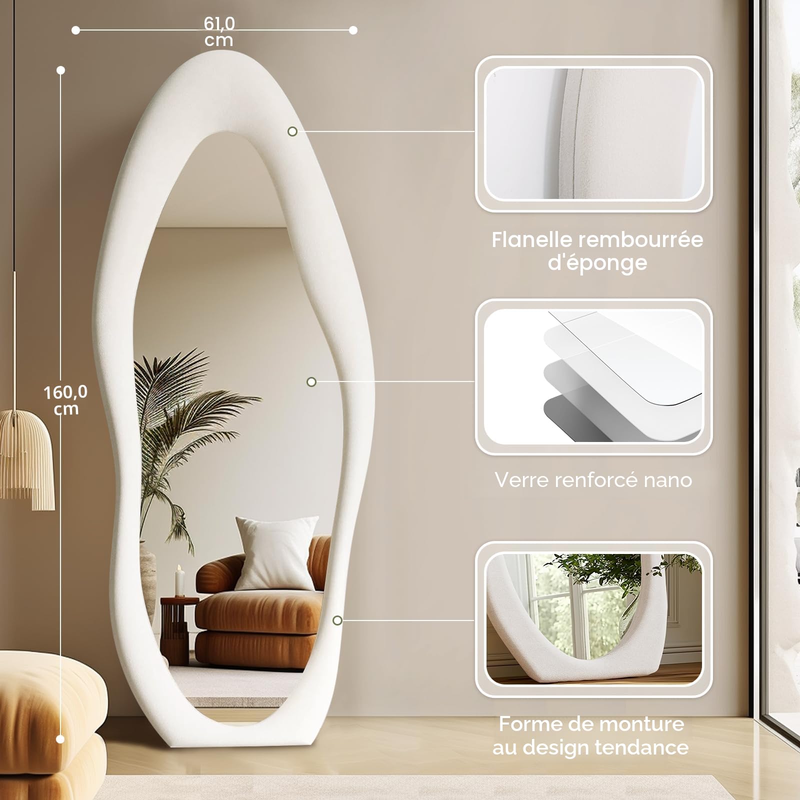 Miroir mural pleine longueur de forme ondulée irrégulière, avec support et cadre en flanelle ivoire, pour chambre à coucher et entrée, 160 x 60 cm