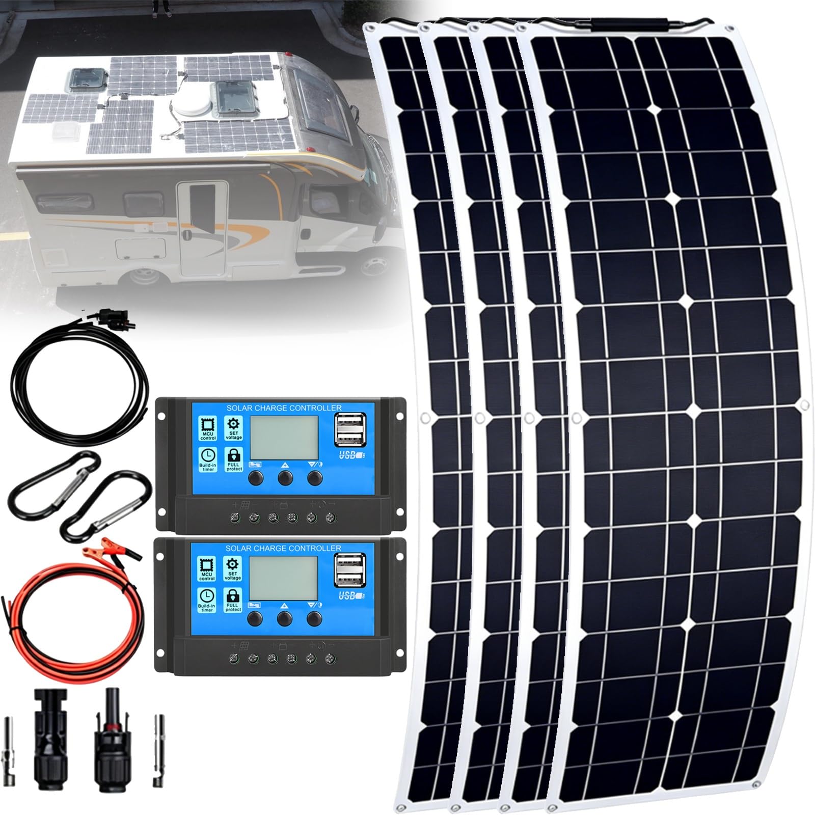 Ultra-Thin Solar Panel, 200W 400W 800W 12V-24V PET Flexible | Solar Panel Kit with 40A Controller, Flexible Monocrystalline Solar Panels, Suitable for Family, Caravan, Boat(A,800W)
