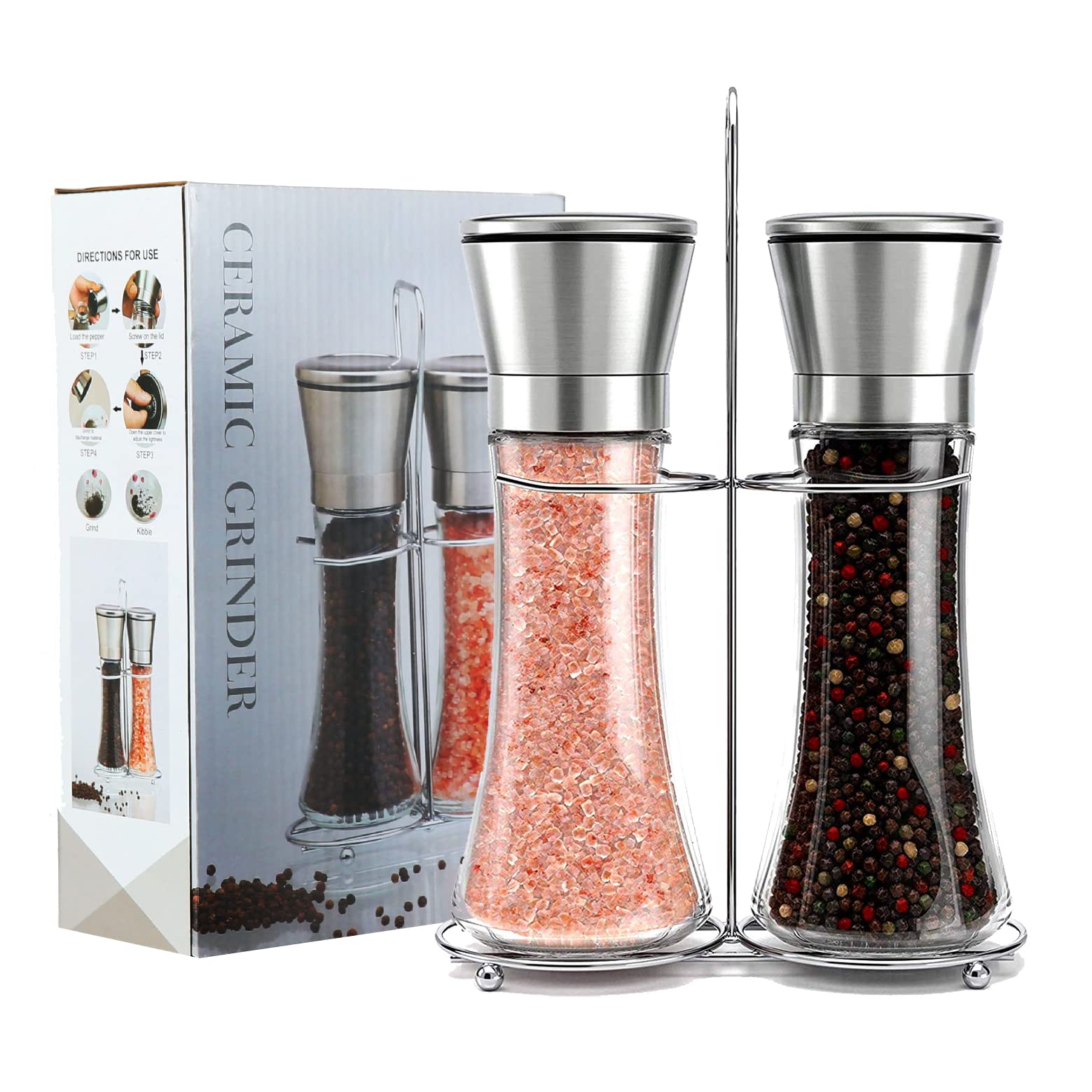 Somine Salt and Pepper Grinder Set (2 Pieces), Salt Pepper Mill with Adjustable Coarseness and Ceramic Blades, Stainless Steel and Glass Body Salt and Pepper Shakers 180ml