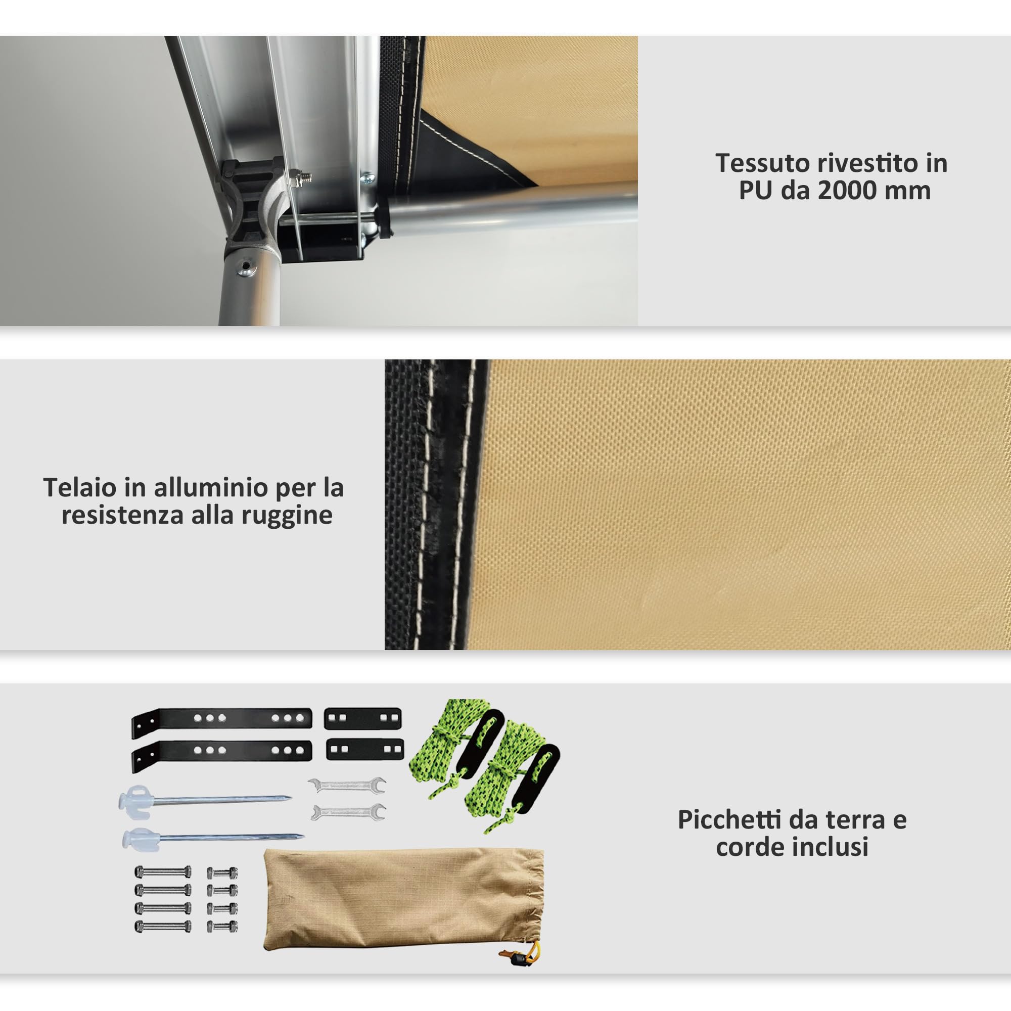 Outsunny Tenda da Tetto Auto con Pali Telescopici, Tendalino Laterale per Auto Impermeabile con Altezza Regolabile, 2.5x1.6m, Cachi