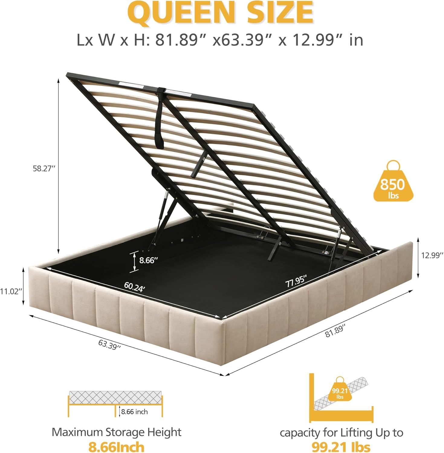 VELOCAVA Queen Size Lift Up Storage Bed Frame, Upholstered Platform Bed with Gas Hydraulic Lift, No Headboard, Underbed Storage Space, Wooden Slats Support, No Spring Box Needed, Beige