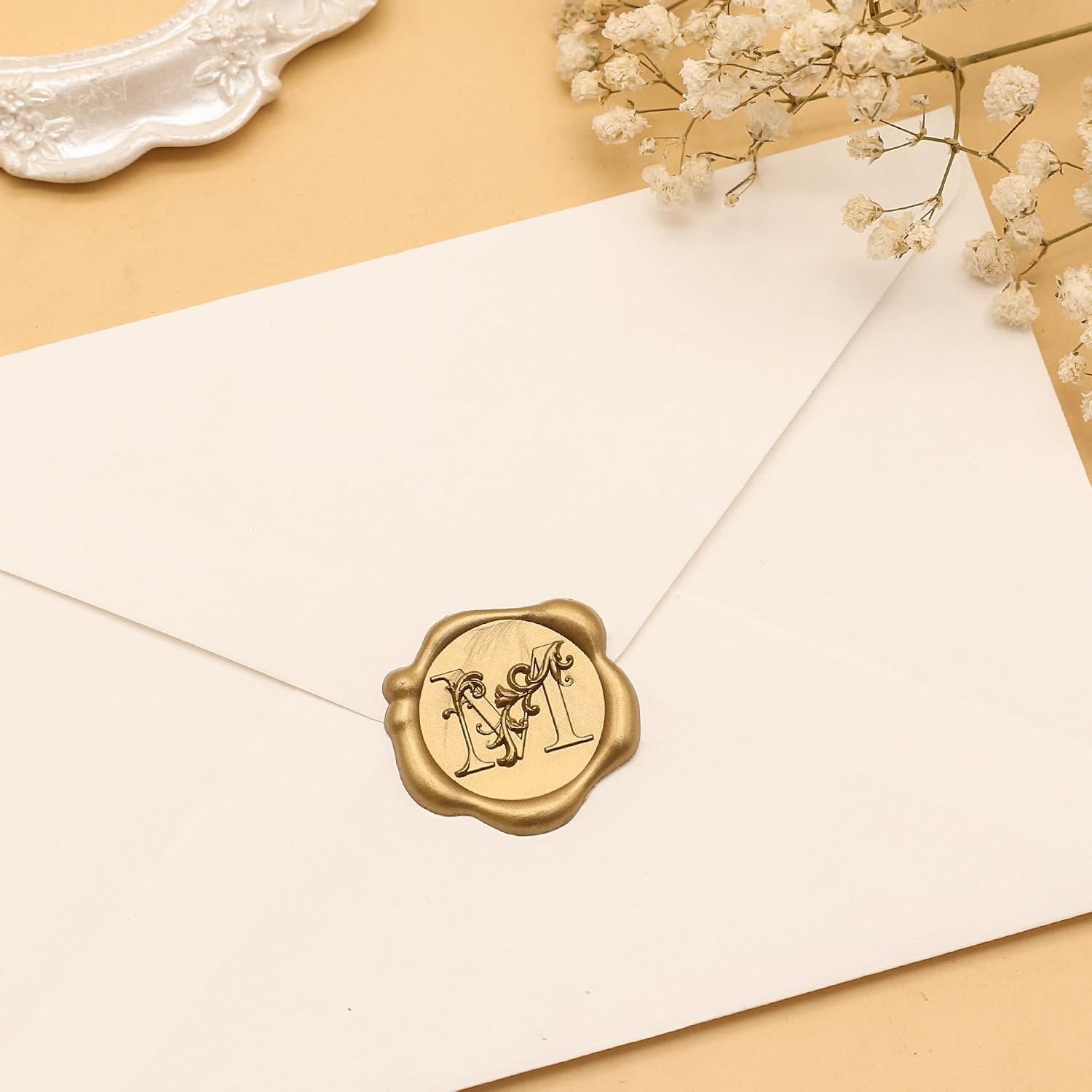 SWANGSA Initial Alphabet Wax Seal Stickers, 50 Pcs Antique Gold 3D Floral Letter M Envelope Seal Stickers Self- Adhesive, Perfect for Wedding Invitation, Christmas, Gift Wrapping