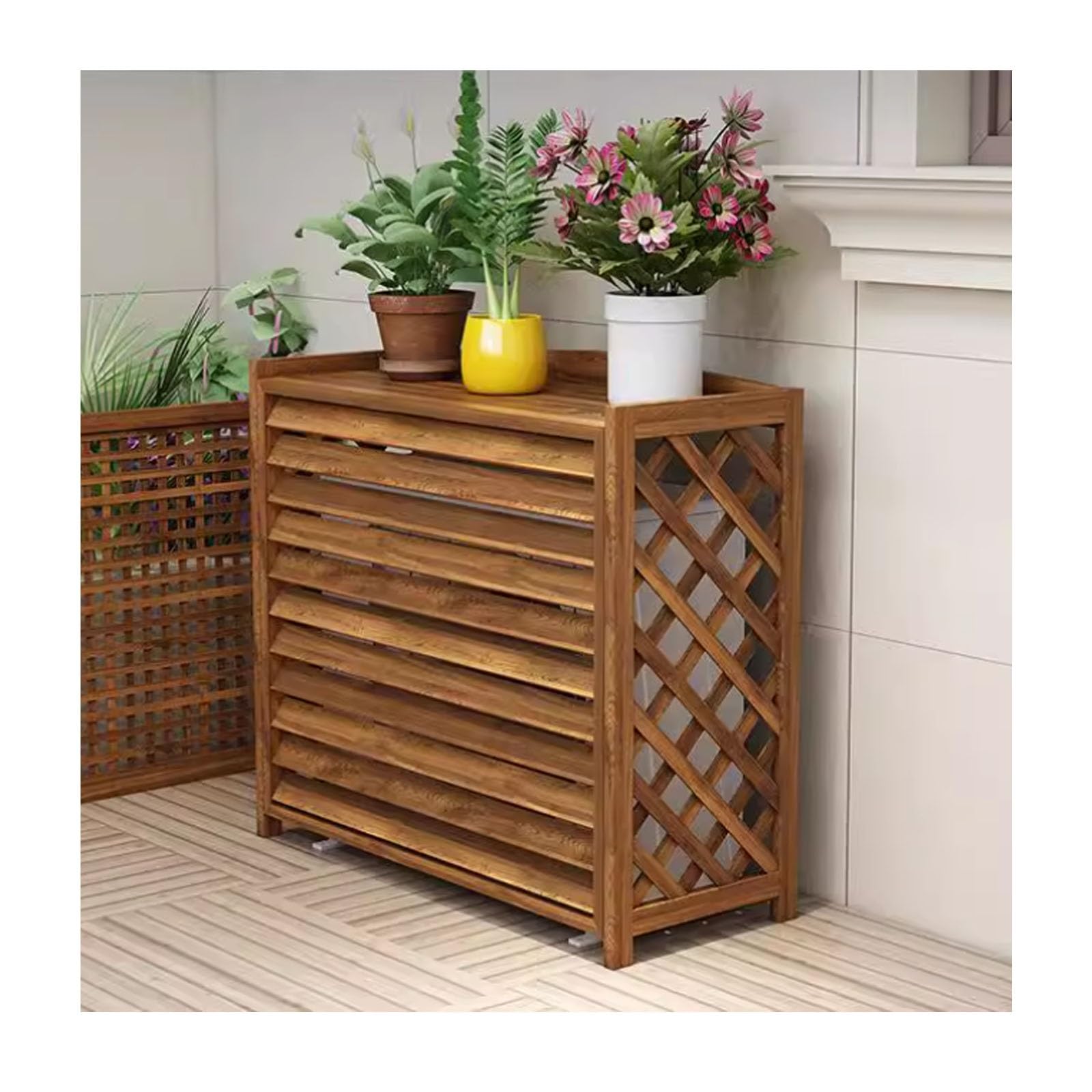 Pokrowiec na klimatyzator zewnętrzny, drewniana osłona klimatyzatora ogrodowego, odporna na warunki atmosferyczne, obudowa AC (105 x 47 x 80 cm) - stylowa ochrona na patio