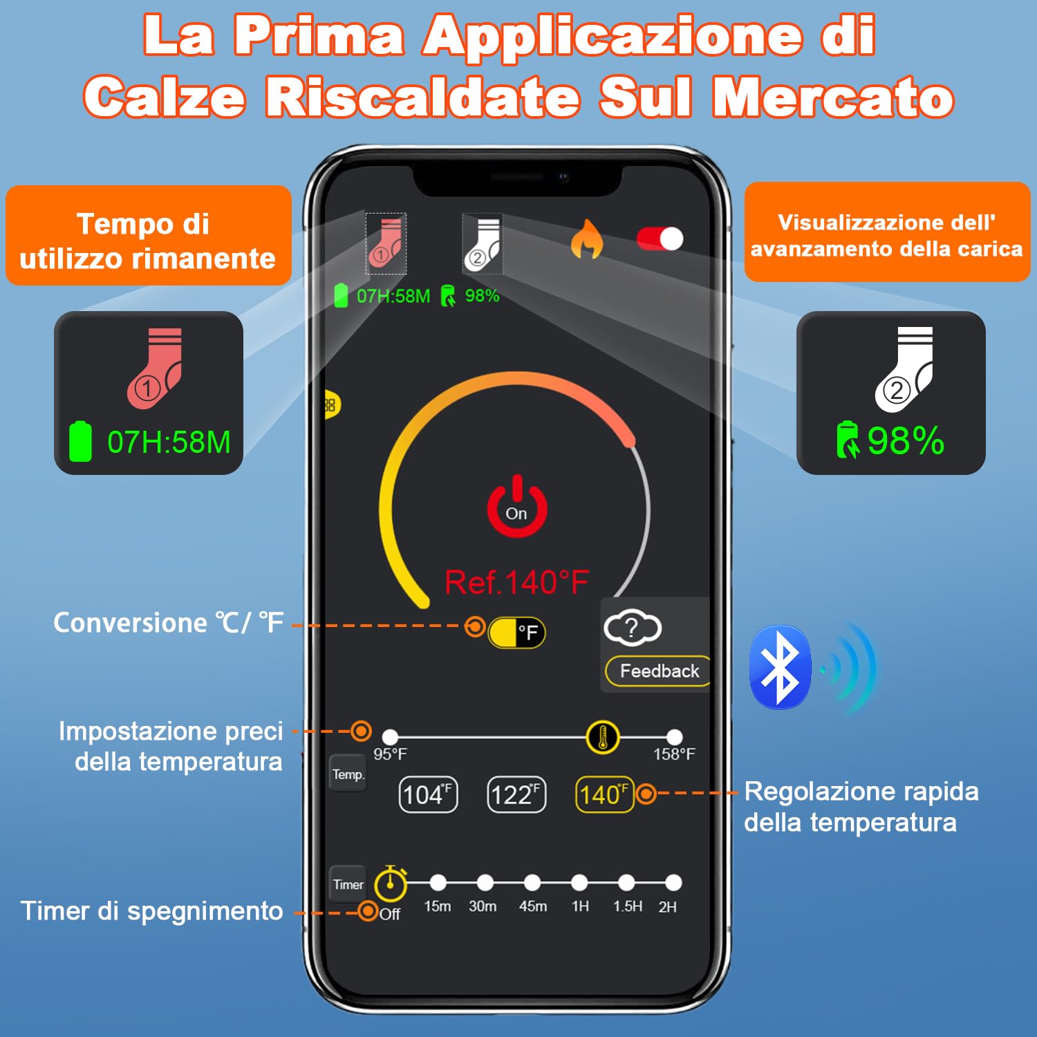 Calze Riscaldate a Batteria 6000mAH Calzini Scaldapiedi Con controllo dell'app, USB Riscaldati Scaldapiedi Elettrico Calze Design del calore in punta di piedi Termiche per Sci, Pattinaggio,Escursioni