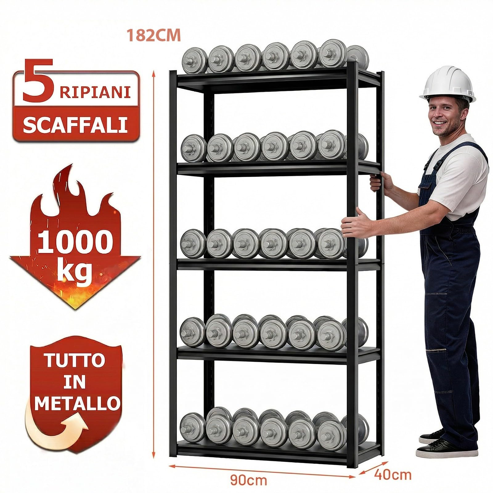 Himimi Scaffale Metallico Industriale 5 Ripiani 1000 kg Scaffale di Stoccaggio Robusto con Ripiani Regolabili in Altezza Scaffale Aperto per Cantina Garage Magazzino Cucina Scaffale 90x40x182 cm Nero