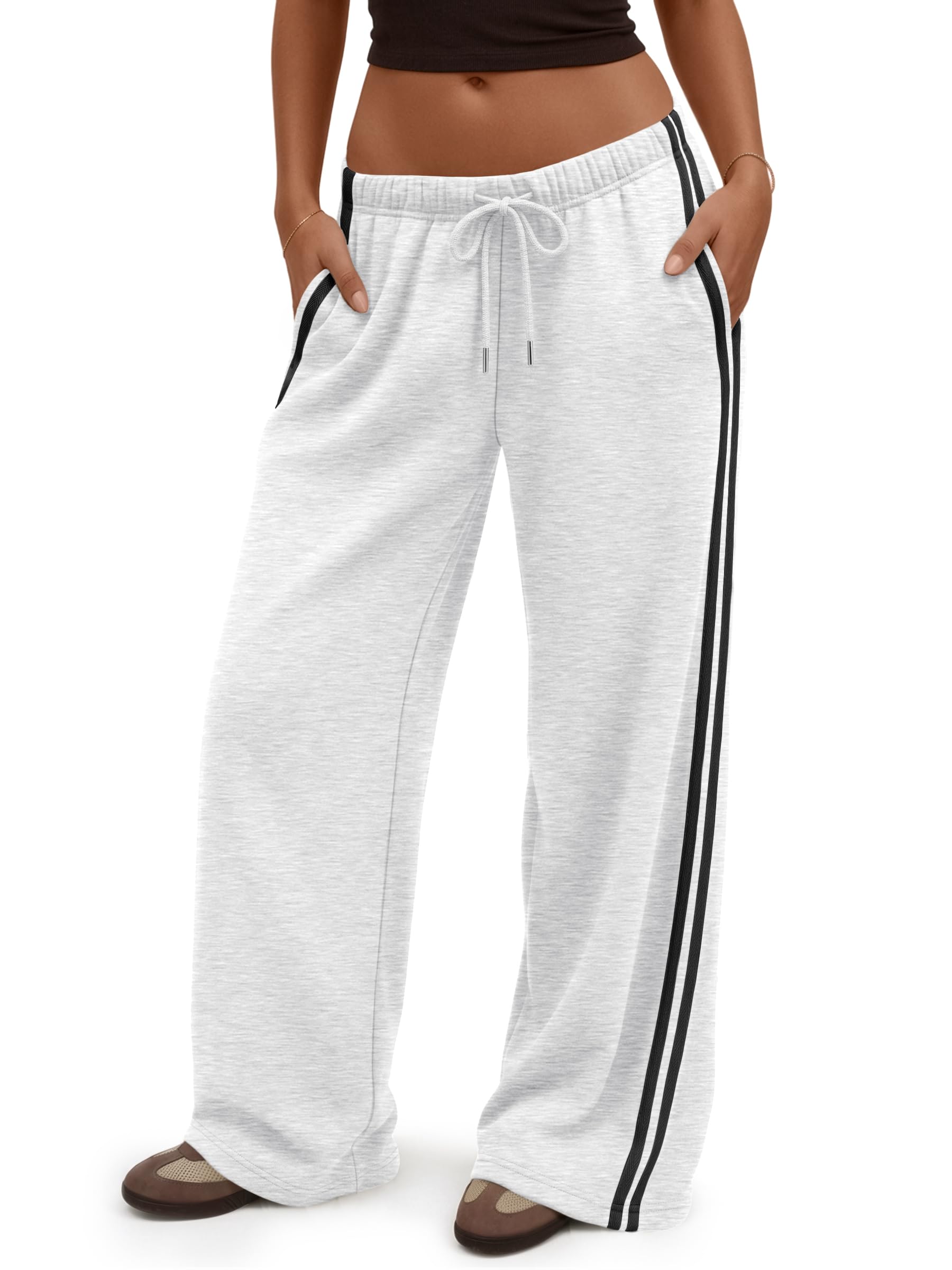 Trendy Queen Women's Wide Leg Sweatpants Side Stripe Fleece Lounge Pants