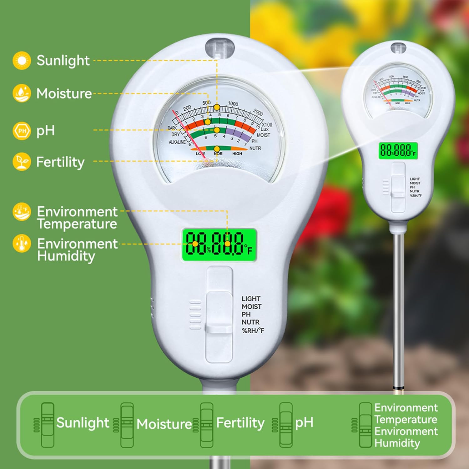 6-in-One Soil Test Kit-Soil Moisture Meter/PH Meter/Fertility/Sunlight Intensity Soil Tester, Dual Screen Meter Display & Rotatable Head for Indoor&Outdoor Plants, Lawn&Farm