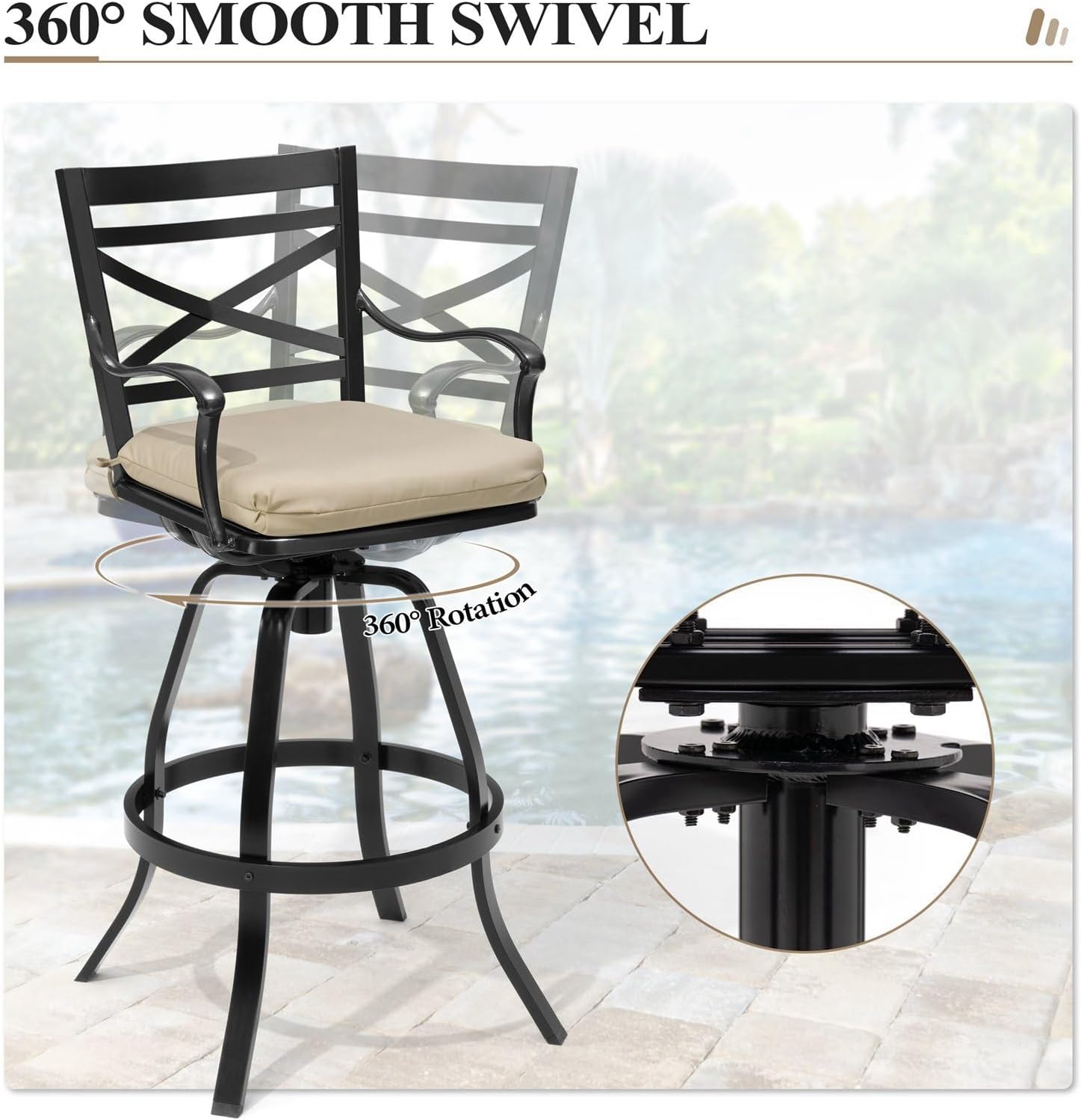 Crestlive Products Heavy Duty Cast Aluminum Outdoor Swivel Bar Stools with Cushion, Patio Bar Height Chair Set of 6, All Weather Black Finish for Outside, Indoor, Commercial Grade(Beige)