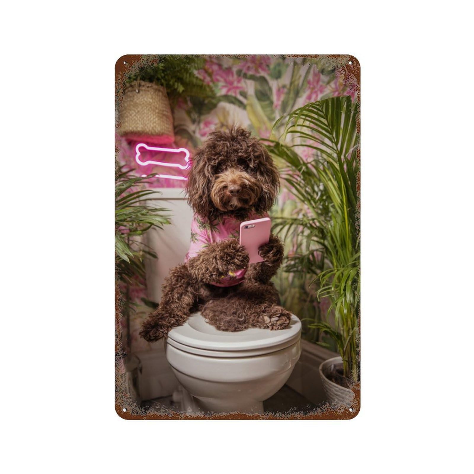 Dog on Toilet with Phone Weathered Tin Sign 11.8"x7.9", Classic Wall Plaque for Garage, Bar And Workshop Decor