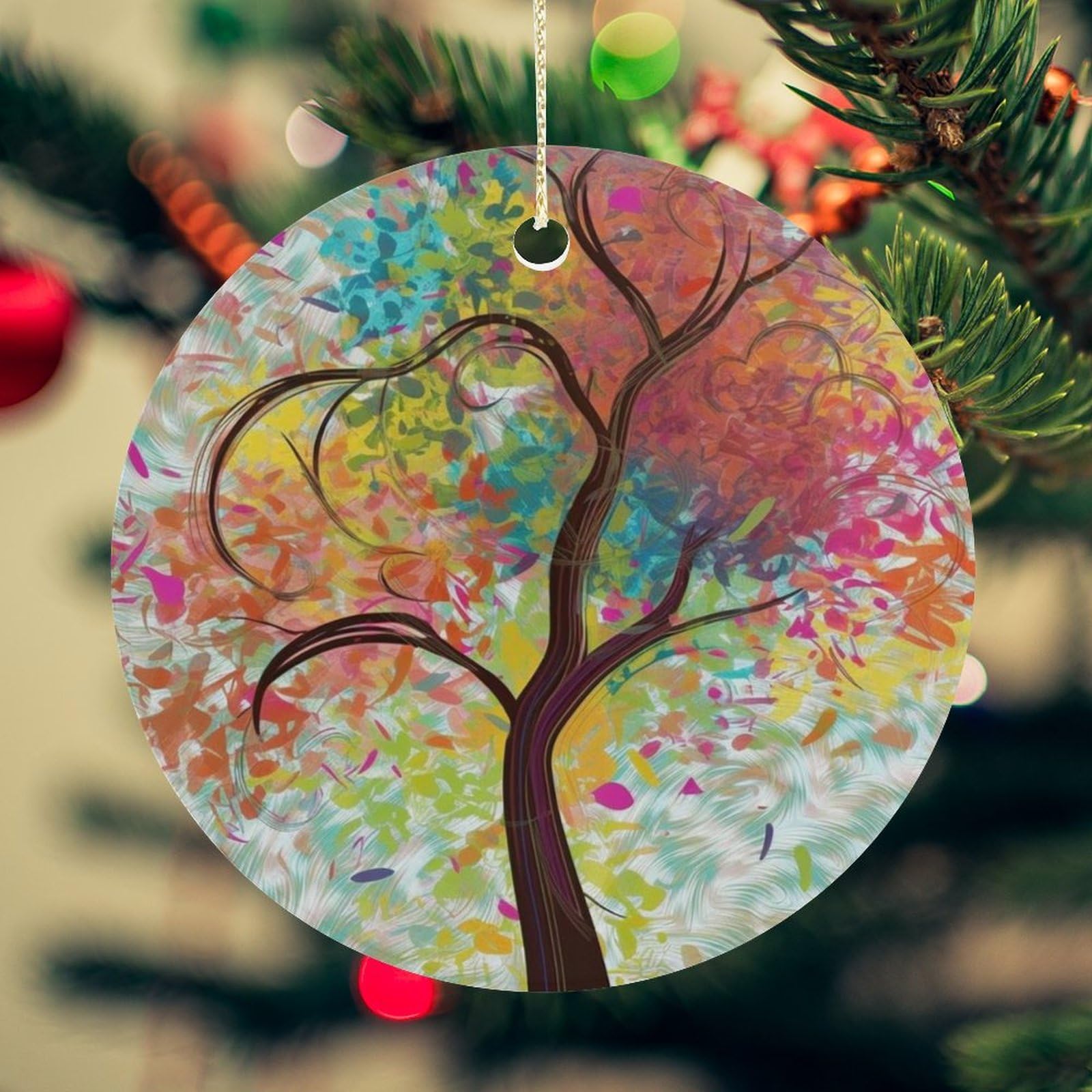 Colorful Tree Christmas Ornament for Christmas Tree Ceramic Round Ornament Winter Holiday Keepsake Gift 2.7" Christmas Tree Hanging Decorations Circle Ceramic Pendant Xmas Gift