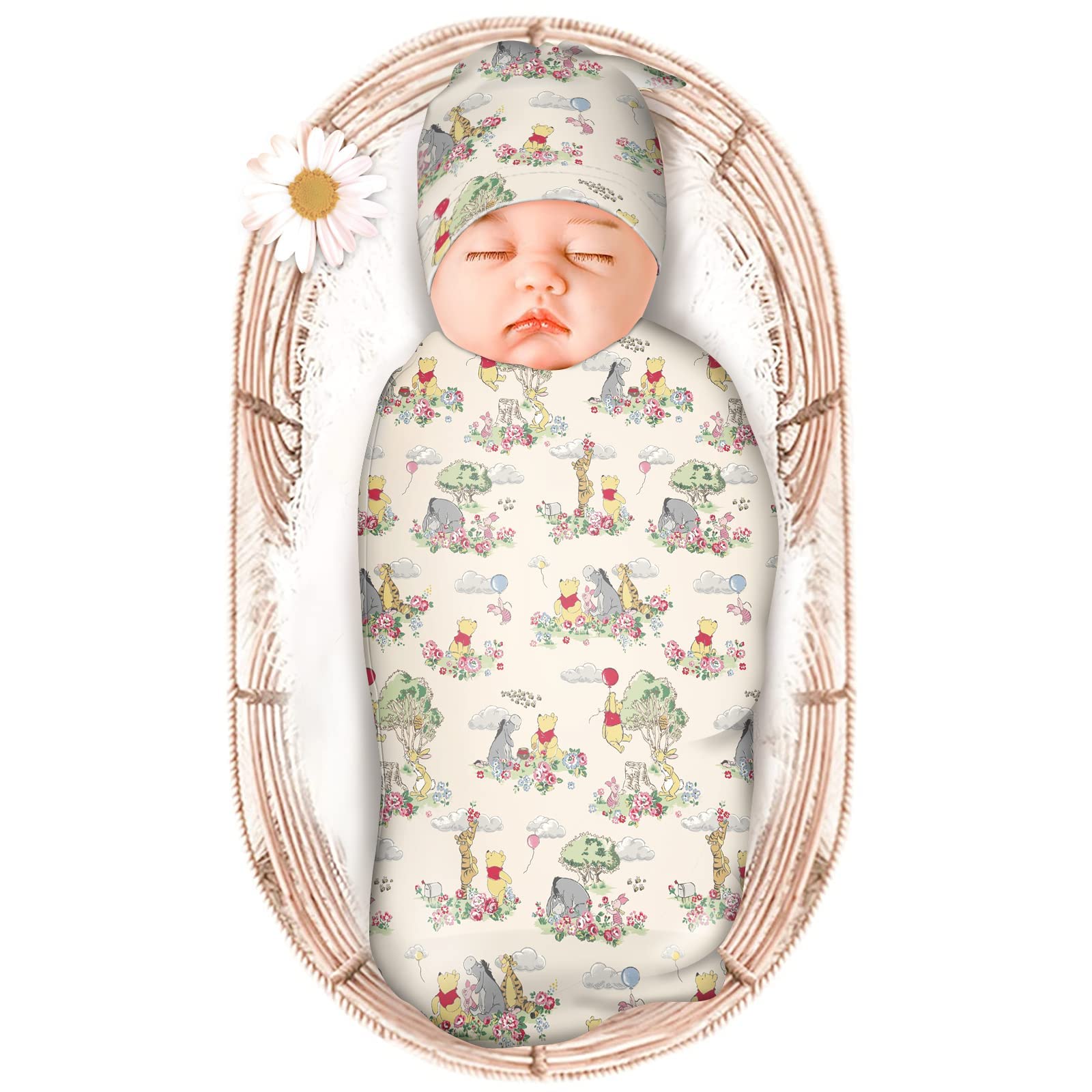 Baby Swaddle Blanket Nursery Wrap Newborn Receiving Blanket with Beanie Set，Soft Stretchy Baby Swaddling Blankets Infant Swaddle Sack for Baby Boy & Girl Gifts