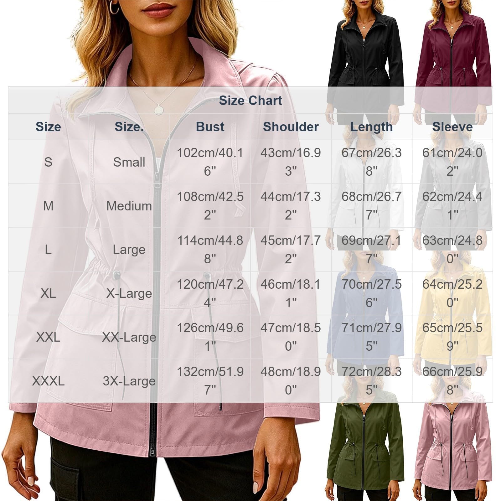 Generisch Damen Winddichte Wasserabweisende Outdoor Jacke, Reißverschluss Übergangsjacke mit Kragen fur Wander