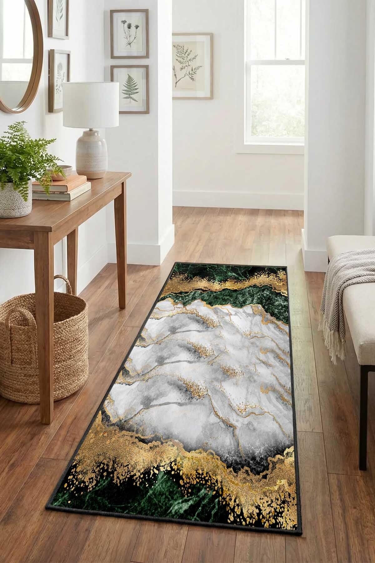 Monnhein Yeşil Yolluk Surface - Yıkanabilir, Kaymaz Taban, Dijital Baskılı, Leke Tutmaz, İnce Hav, Modern Koridor, Mutfak, Antre ve Salon için Dekoratif Yolluk