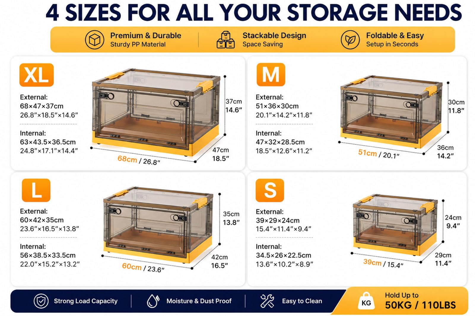 Caisse de Rangement Pliable et empilable avec Ouverture latérale, roulettes et Couvercle, boîte Transparente Gain de Place pour Livres, vêtements et Jouets,Orange,XL