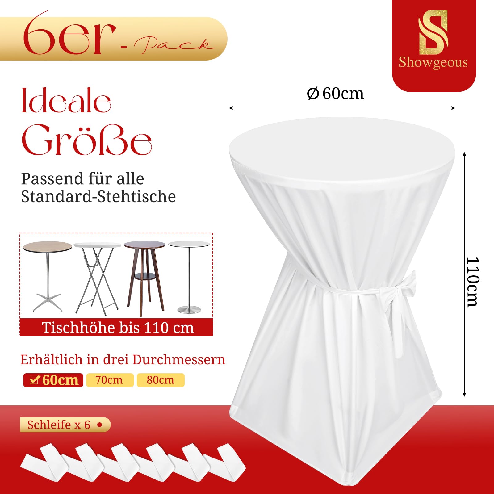 Showgeous Lot de 6 Housses de Table de Bar Premium 60 cm Blanches Housses de Table pour Tables de Bar 60 cm Housse de Table de Bar, Nappe de Table de Bar Antidérapante et Lavable Ruban