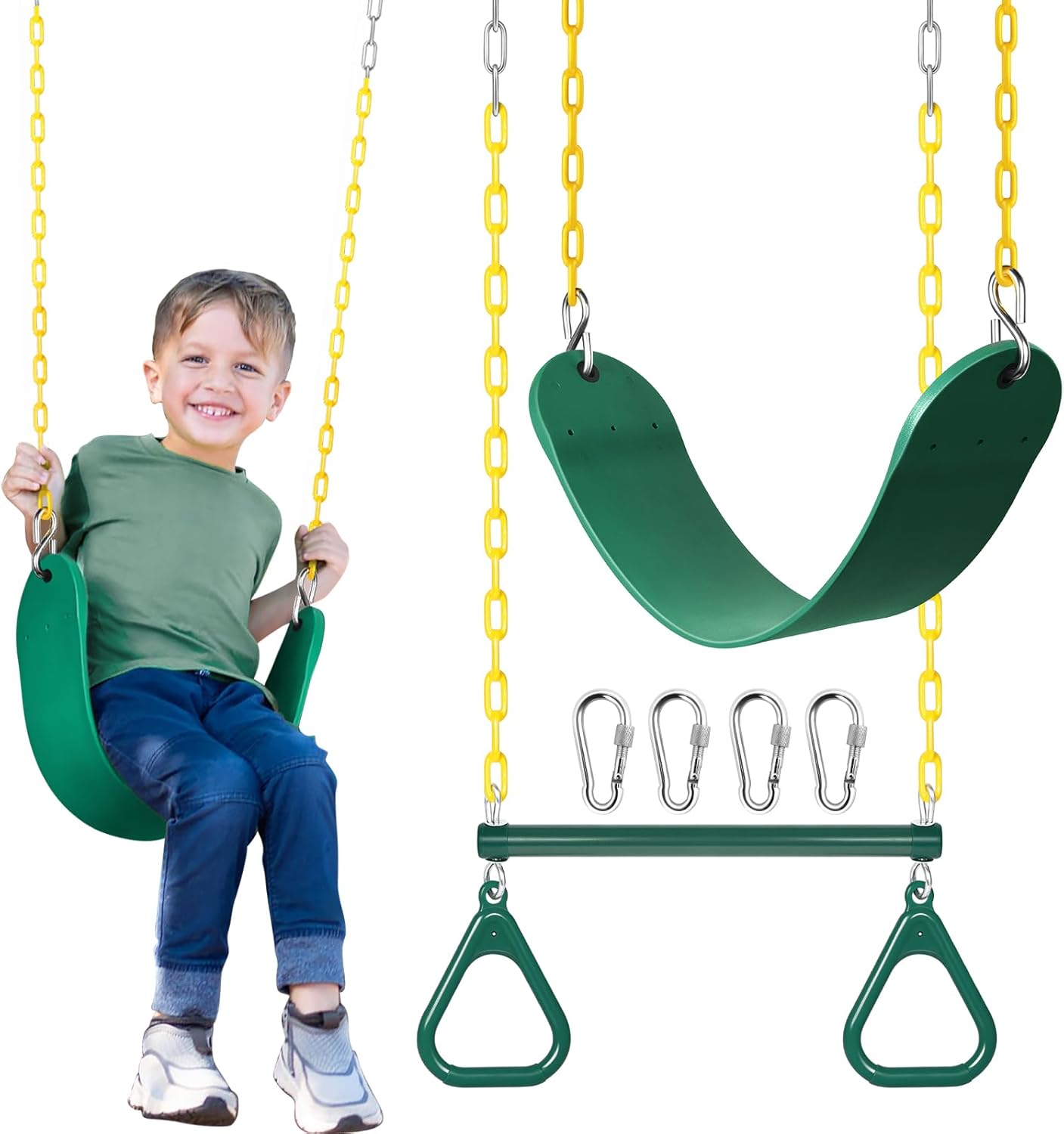 SEKKVY 16" Trapeze Swing Bar with Gym Ring & Toddler Swing, Swing Set Accessories with 66" Heavy Duty Chains, Holds Up to 250lbs, Playground Set for Backyard, Trees, Playroom (Green, 2Pack)