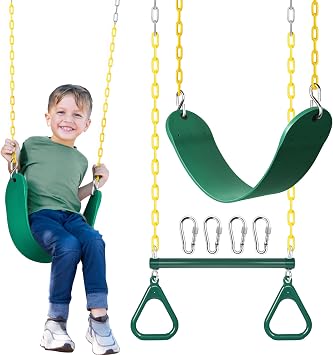 SEKKVY 16" Trapeze Swing Bar with Gym Ring & Toddler Swing, Swing Set Accessories with 66" Heavy Duty Chains, Holds Up to 250lbs, Playground Set for Backyard, Trees, Playroom Green, 2Pack