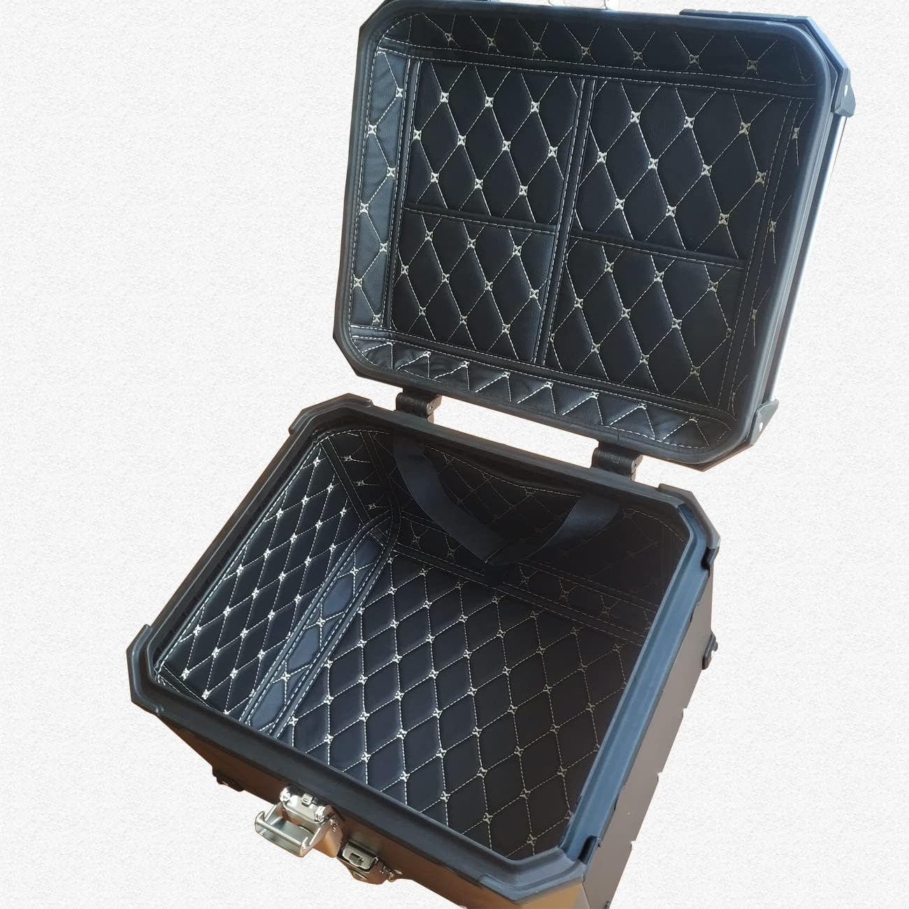 45L Motorcycle Top Case, Aluminum Alloy Universal Motorcycle Tail Box with Backrest ＆ Phone Mount Holder, Dual-key Storage Luggage Trunk (Black, 45L)