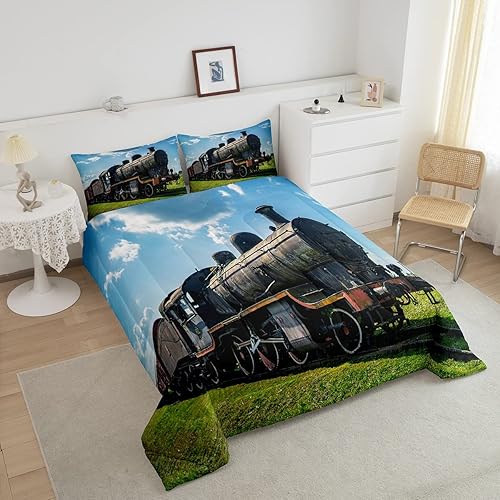 Miniatura 3 de Erosebridal Juego de edredón de tren tamaño matrimonial, juego de ropa de cama retro con motor de vapor para niños y adolescentes, juego de edredón