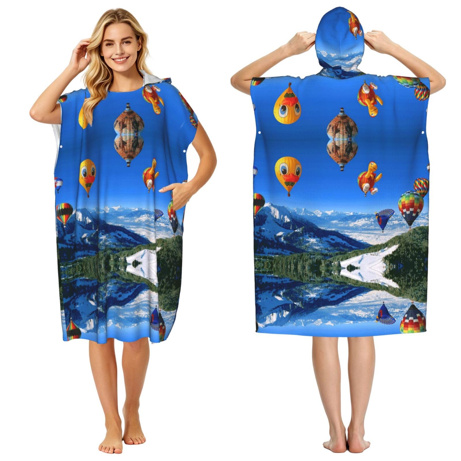 Serviette de plage adulte de type poncho à capuche microfibre léger