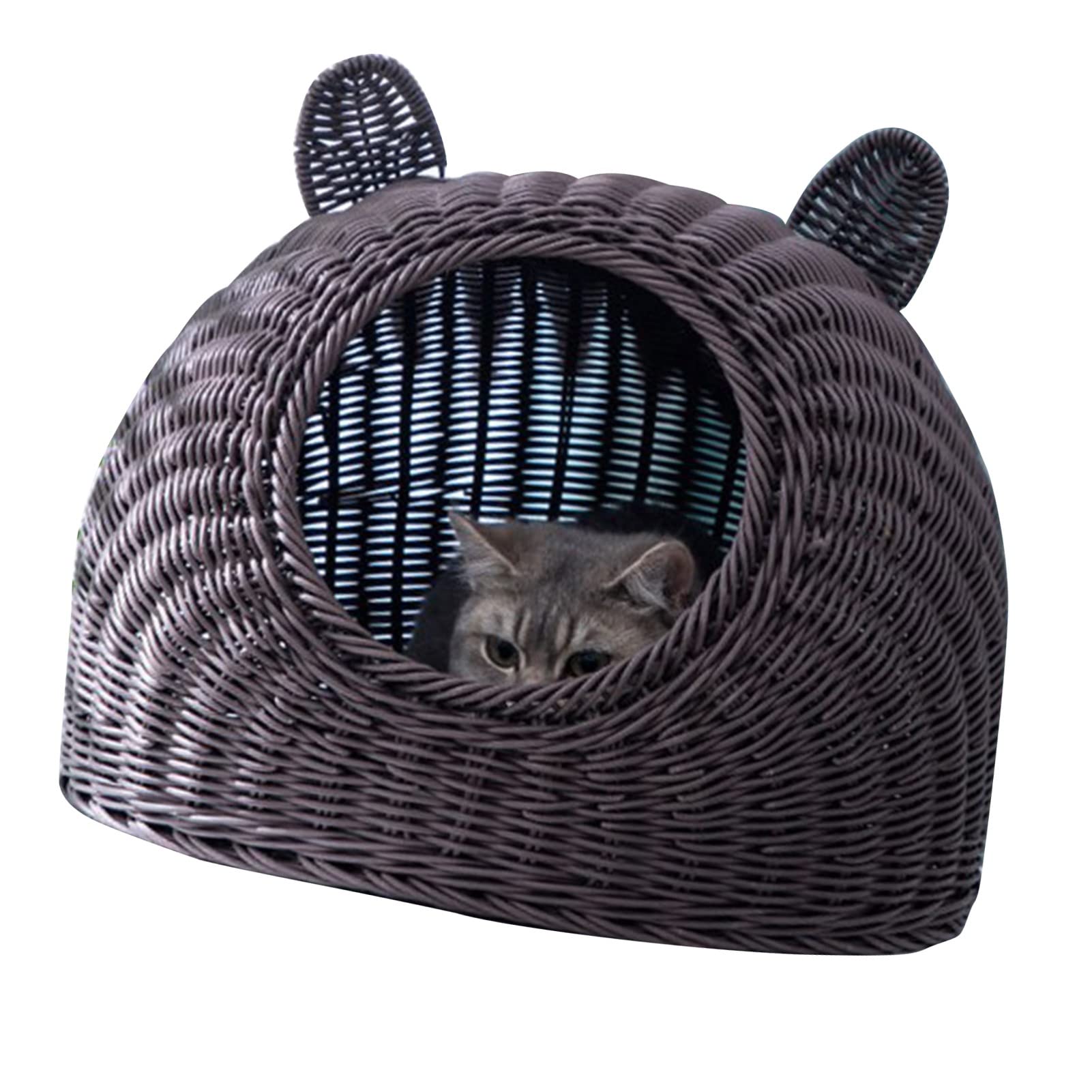 HEEPDD Cuccia Per Gatti Cuccia Per Gatti in Plastica Intrecciata a Mano Per Animali da Interno Semi Chiusa con Simpatico Design a Orecchie di Gatto Ampia Apertura Traspirante Per Tutte le Stagioni
