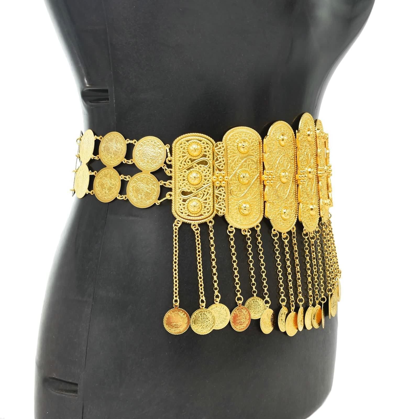 Daesar Körperschmuck Bauchkette Sexy, Taillenkette Vergoldet Breit Blumen mit Münzen Quasten Bauchketten für Frauen Gold