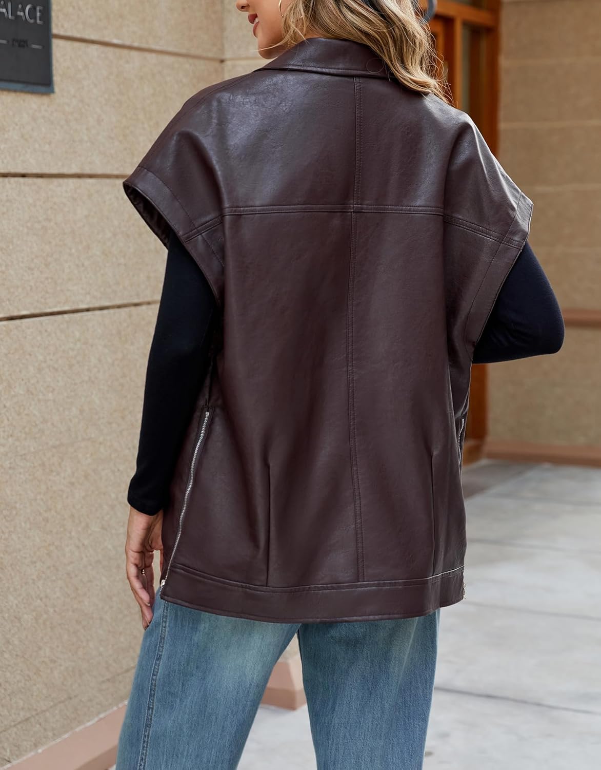 Ladyful Womens Oversized Leather Vest Sleeveless Faux Leather Jacket Motorcycle Biker Vest Coat Outerwear