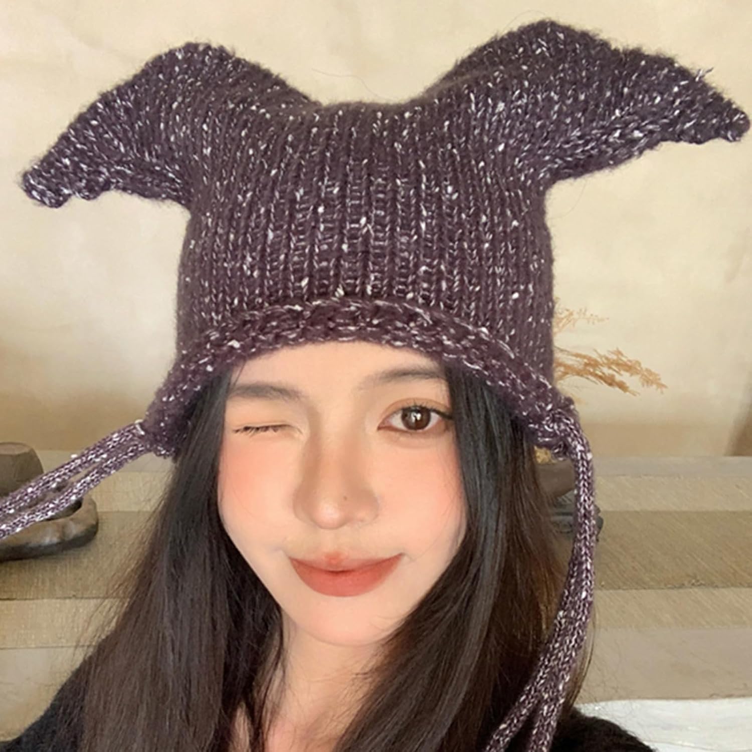 Novelty Knitted Clown Hat for Female Girl Drawstring Pullover Hat Winter Warm Hat for Outdoor Shopping Cycling