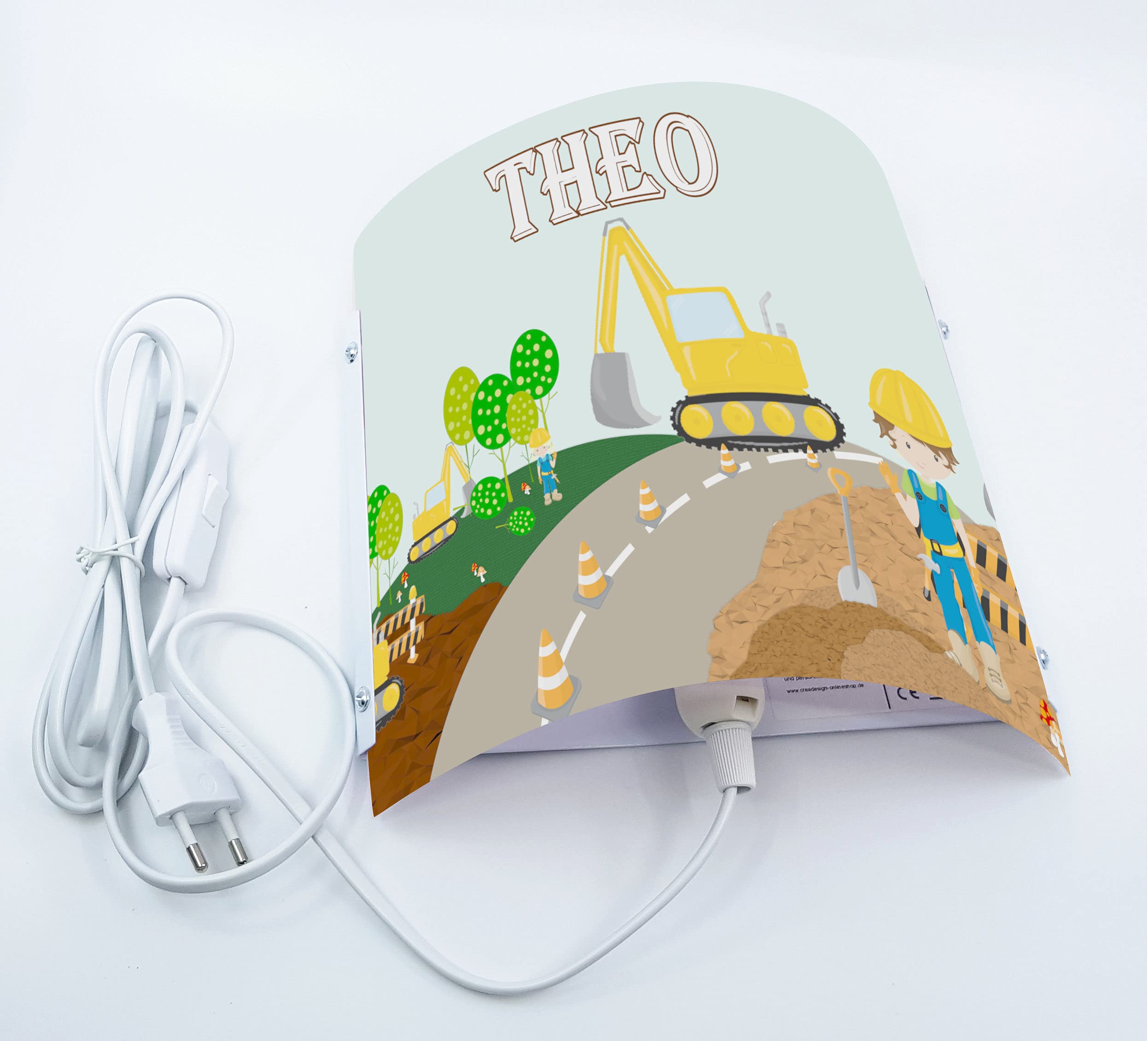 WA-1084, Bagger, Kinderzimmer Wandlampe personalisiert mit Namen, Nachtlicht/Schlummerlicht für Steckdose, E14, 22 x 22,5 x 8,5 cm