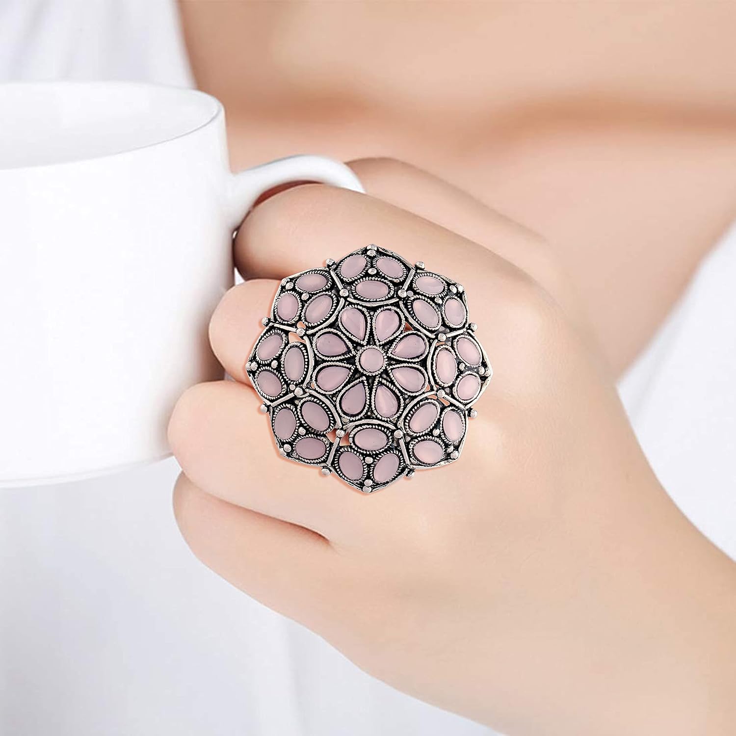 I Jewels Silver Oxidized Indian Wedding Bollywood Green Kundan Work Designer Adjustable Finger Ring for Women (FL204)