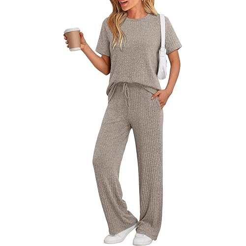 LILLUSORY 2 Piece Lounge Sets for Women Summer Vacation Outfits Matching Casual Wide Leg Pants Sets Ribbed Knit Pajamas 2025