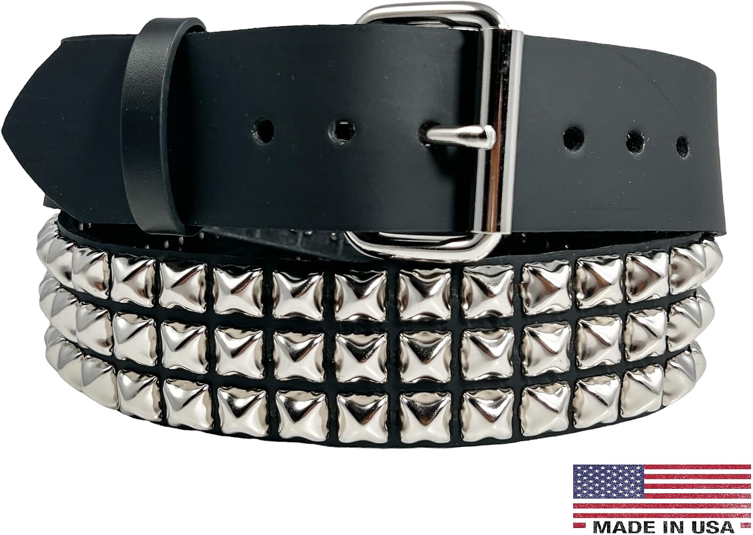 Three Row Pyramid Stud Belt Made In USA Genuine Leather Punk Goth Thrash Metal image 3