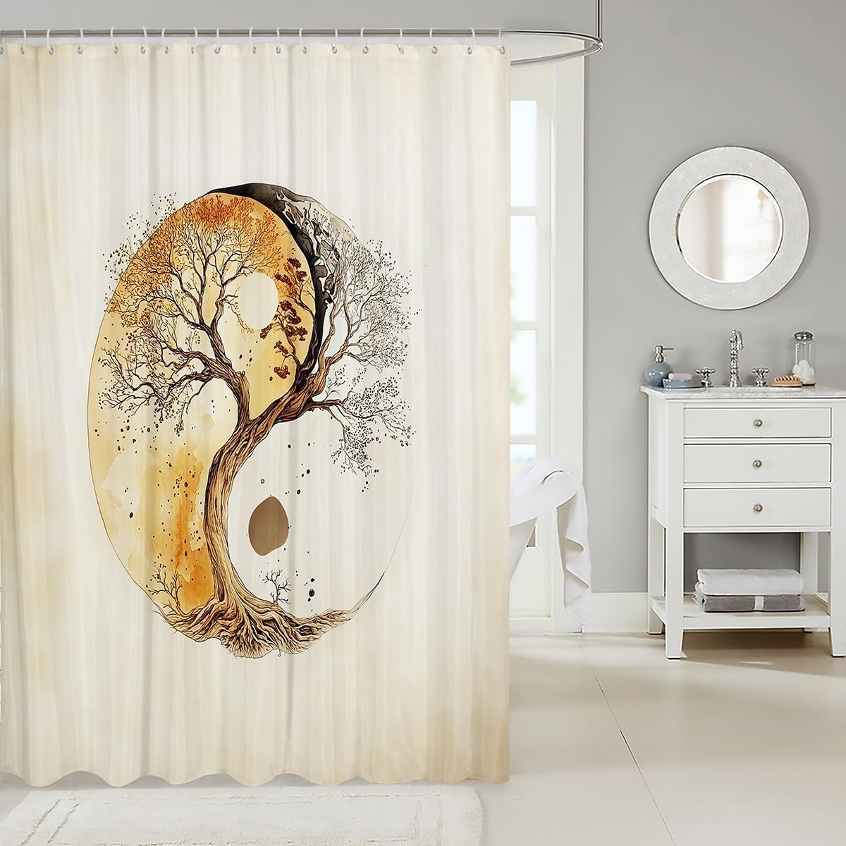 Yin Yang Tai Chi Bathroom Curtain,Bohemian Tree Shower Curtains Kids Boys Girls Teen Adult Bathtub Decor,Oriental Waterproof Curtain Life Traditional Reversible Print Bath Curtains,12 Hooks,72"Wx72"L image 2