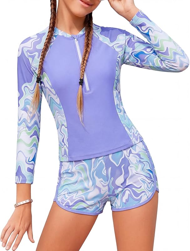 DivingBirds Girls Rash Guard Swimsuit 2 Piece Set for Girls 7-12 Years, Long Sleeve Swimwear with Zipper