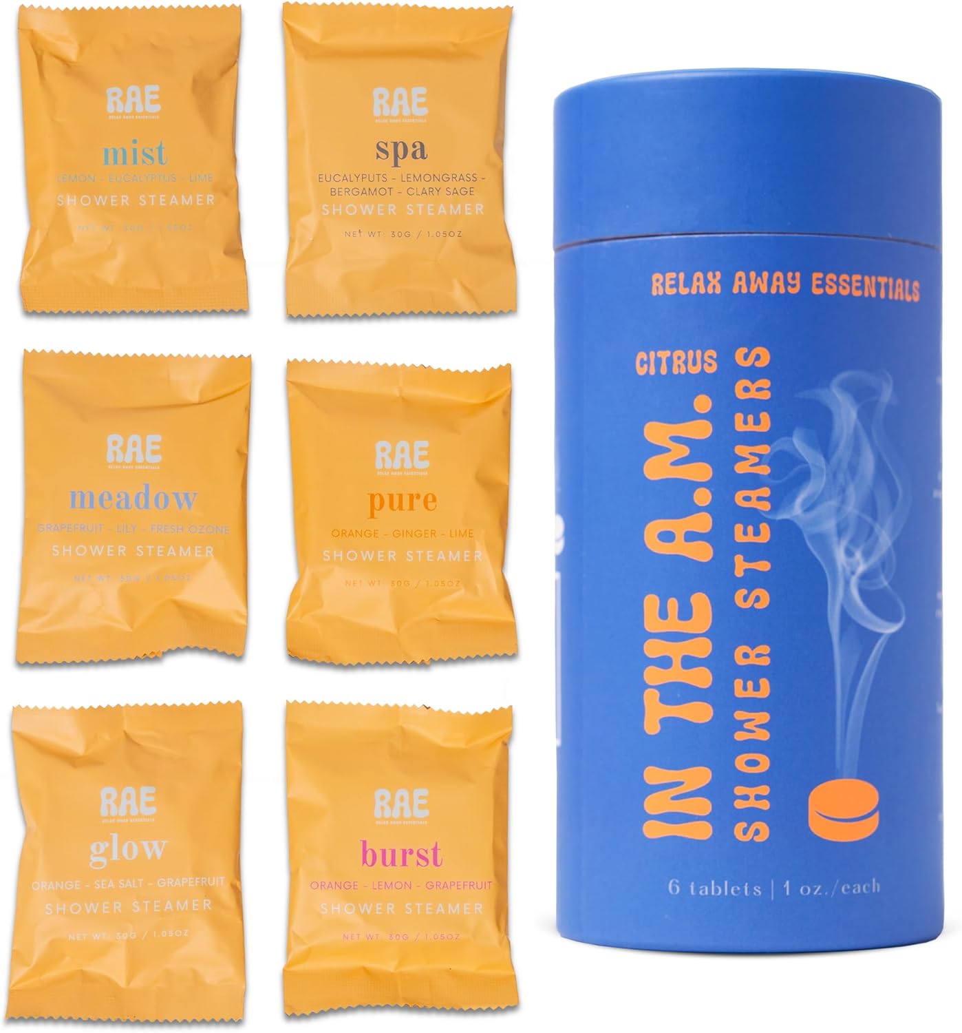 Relax Away in The A.M. Shower Steamers 6 Pack – Energizing Citrus Blends – Pure, Burst, Mist, Glow, Meadow, Spa – Uplifting & Rejuvenating – Essential Oil Aromatherapy – User-Friendly Set