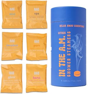 Relax Away in The A.M. Shower Steamers 6 Pack - Energizing Citrus Blends - Pure, Burst, Mist, Glow, Meadow, Spa - Uplifting & Rejuvenating - Essential Oil Aromatherapy - Shower Tablets