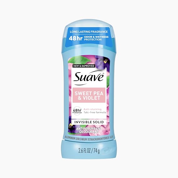 Suave Deodorant For Women, Sweet Pea and Violet, Antiperspirant & Deodorant Stick 48-hour Odor and Wetness Protection for Women 2.6 oz