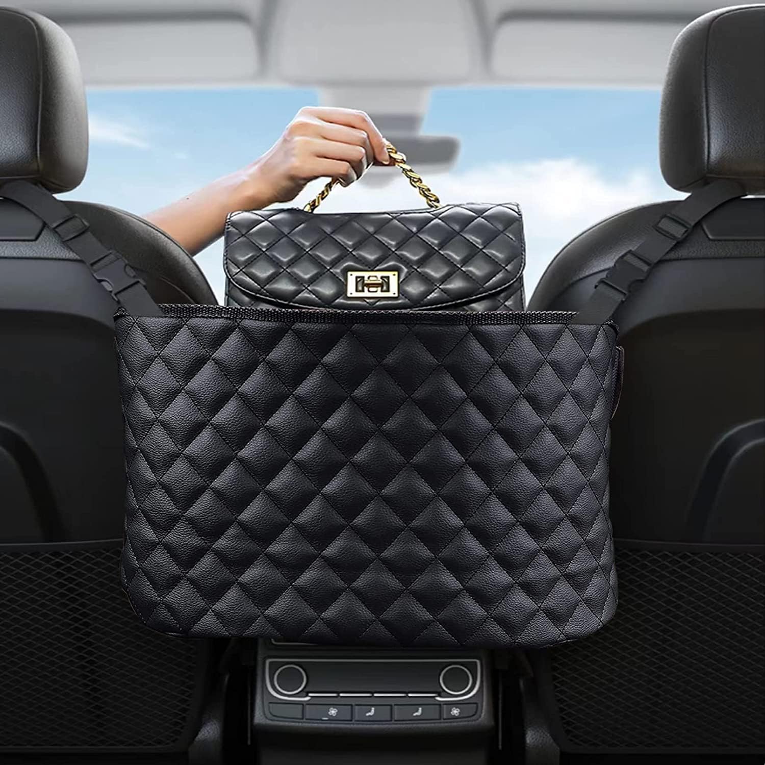 Car Seat Storage Organizer and Handbag Holder, Universal Car Seat PU Leather Storage and Handbag